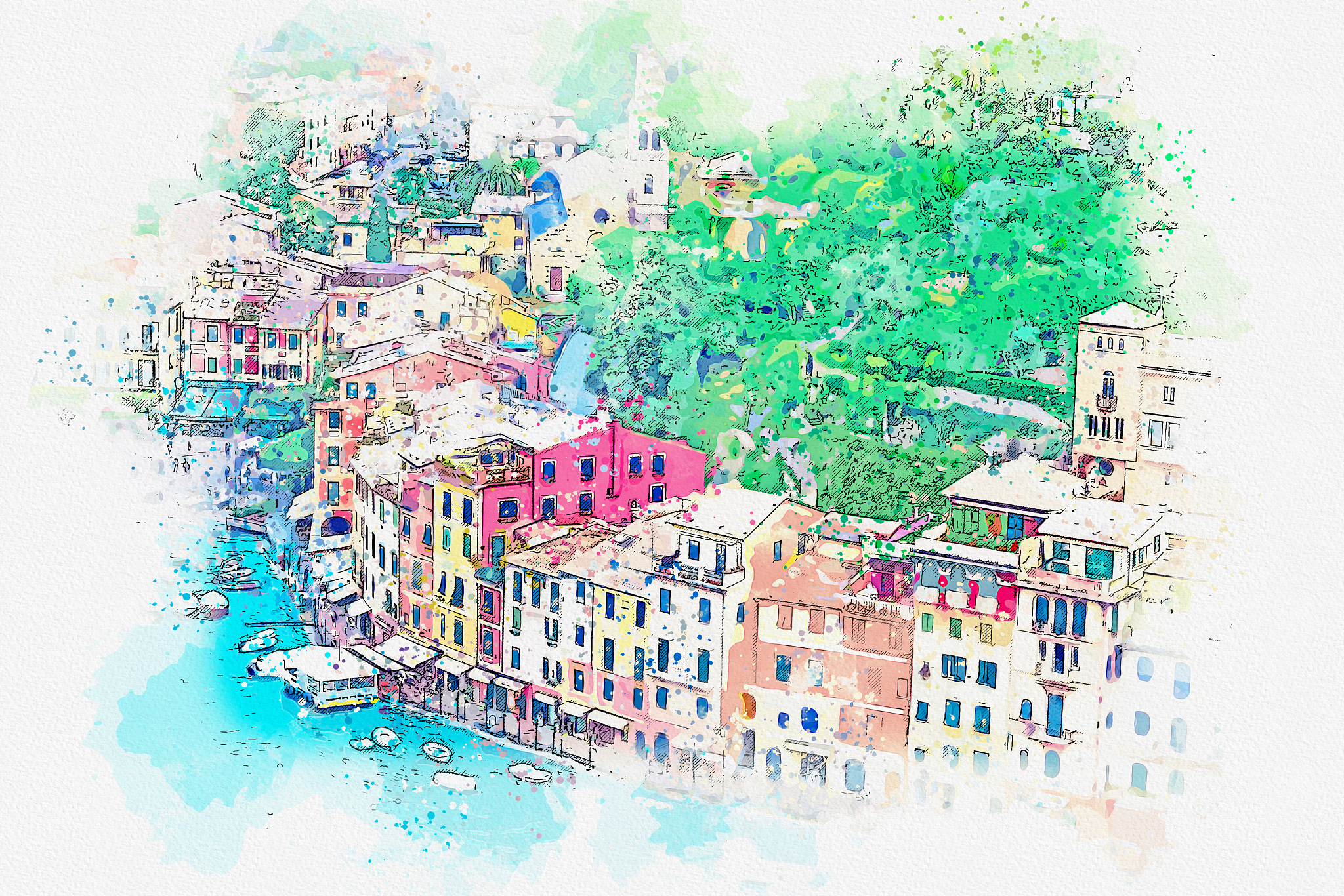 watercolor drawing picture of landscape portofino famous small t