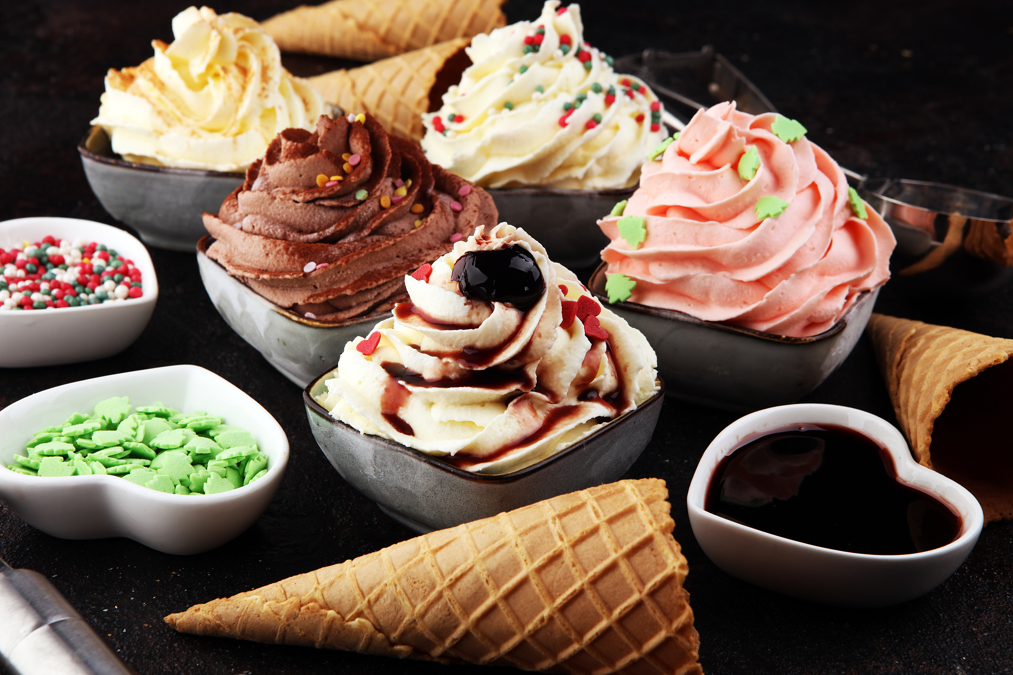 soft ice cream in flavor vanilla, chocolate and strawberry. deli