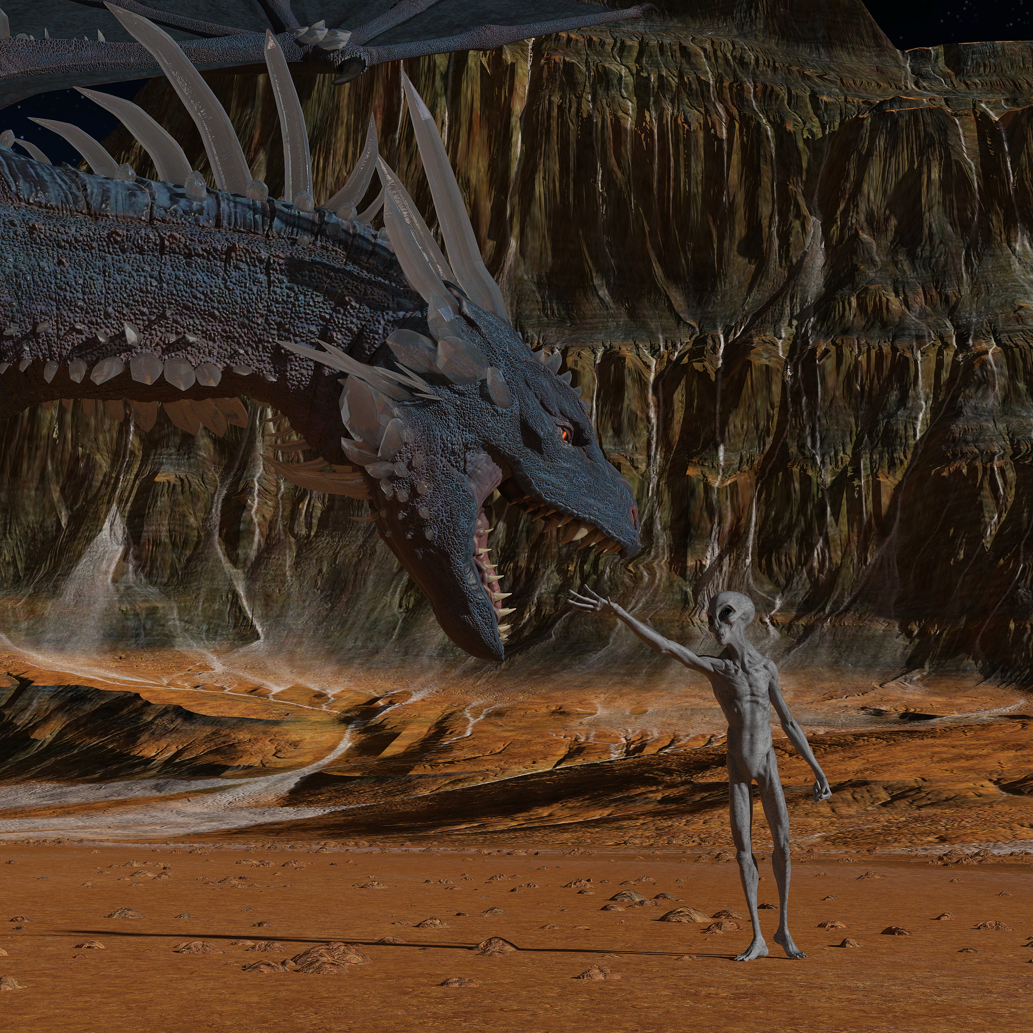 illustration of a gray alien motioning to a dragon