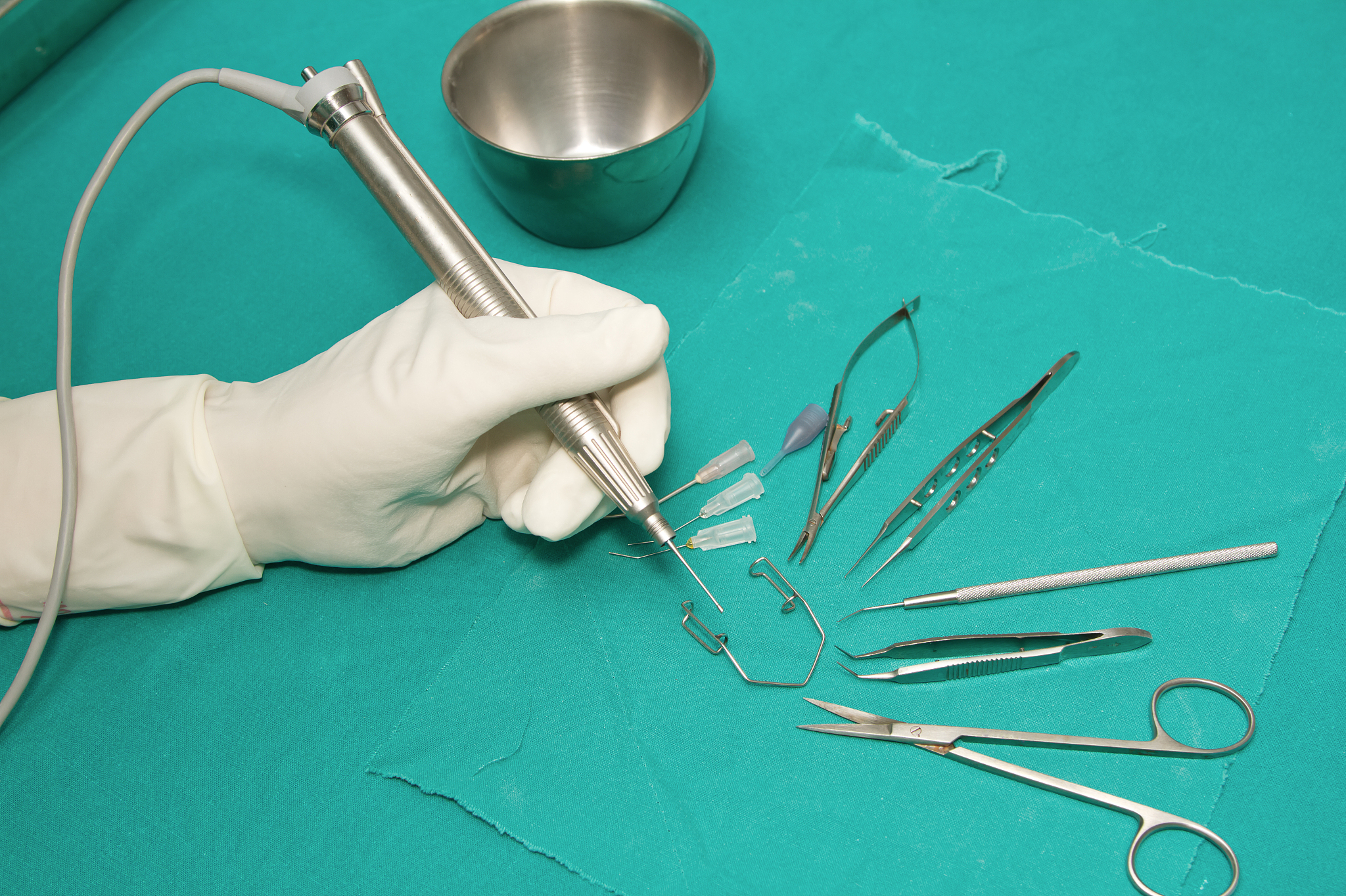 set of eye surgical instrument on sterile table