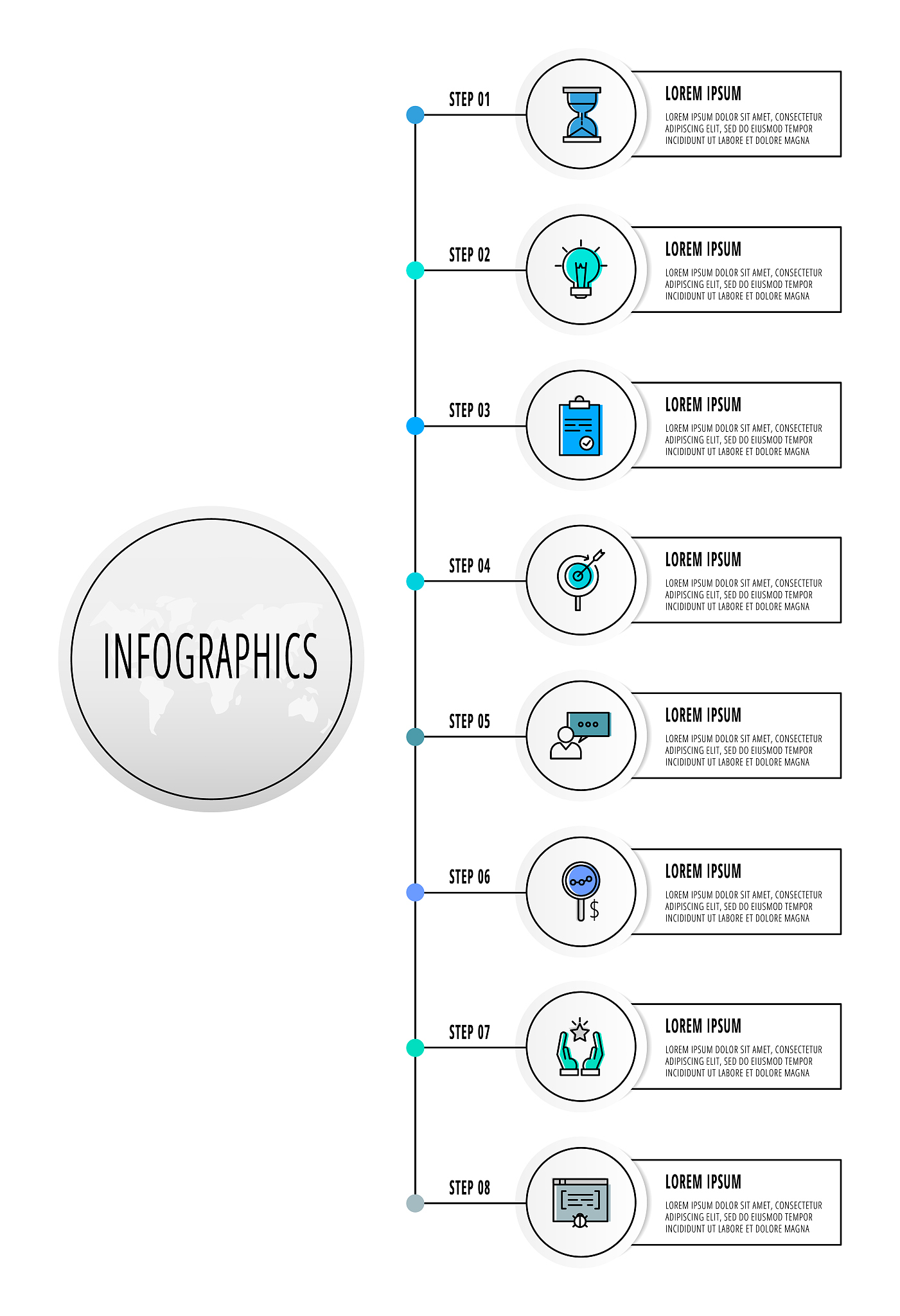 infographics circles with 8 steps, icons. flat line vector templ