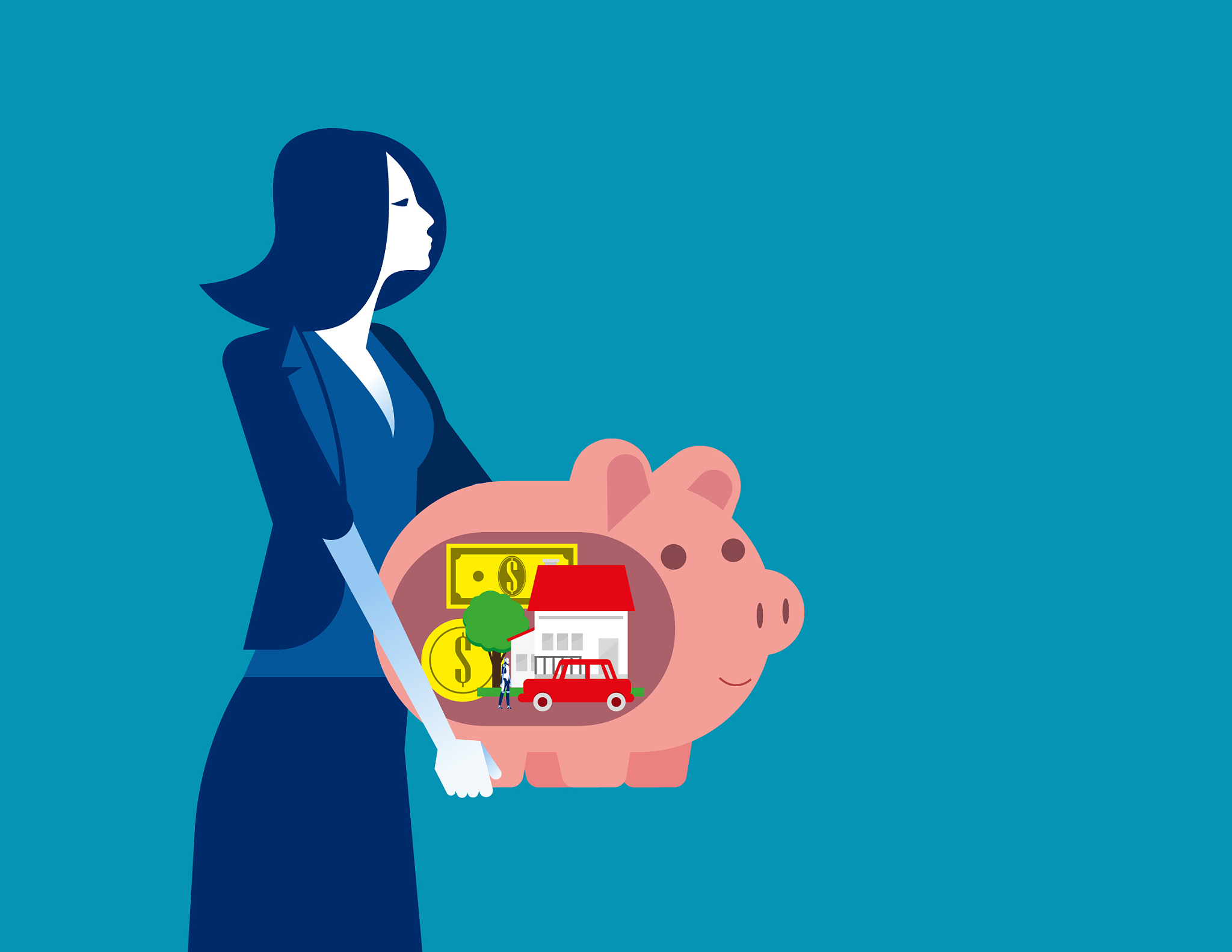 businesswoman holds piggy bank and dreams concept