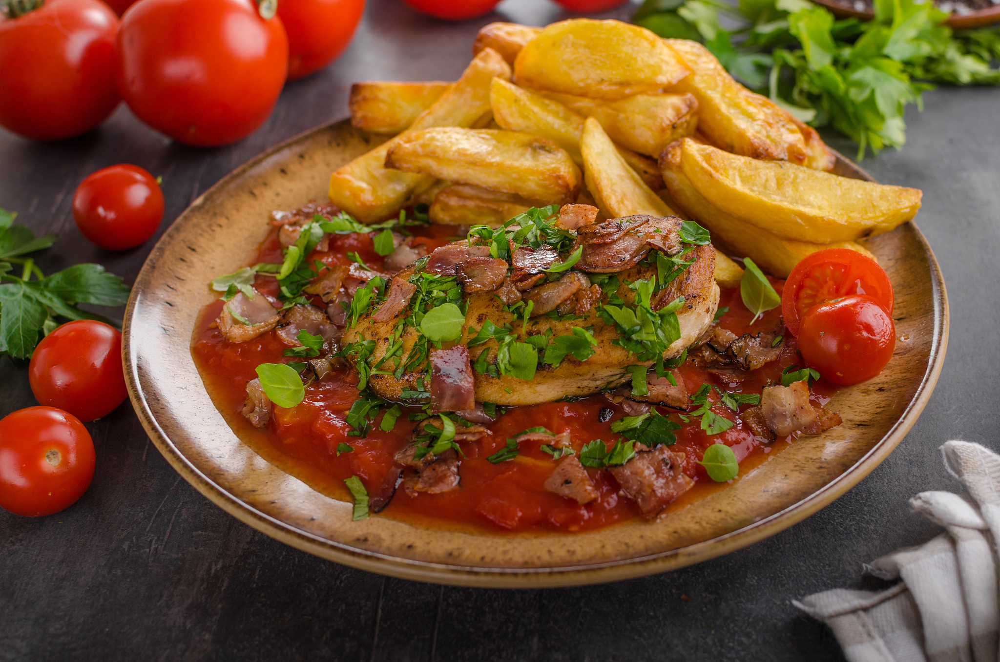 chicken steak with herbs, homemade french fries