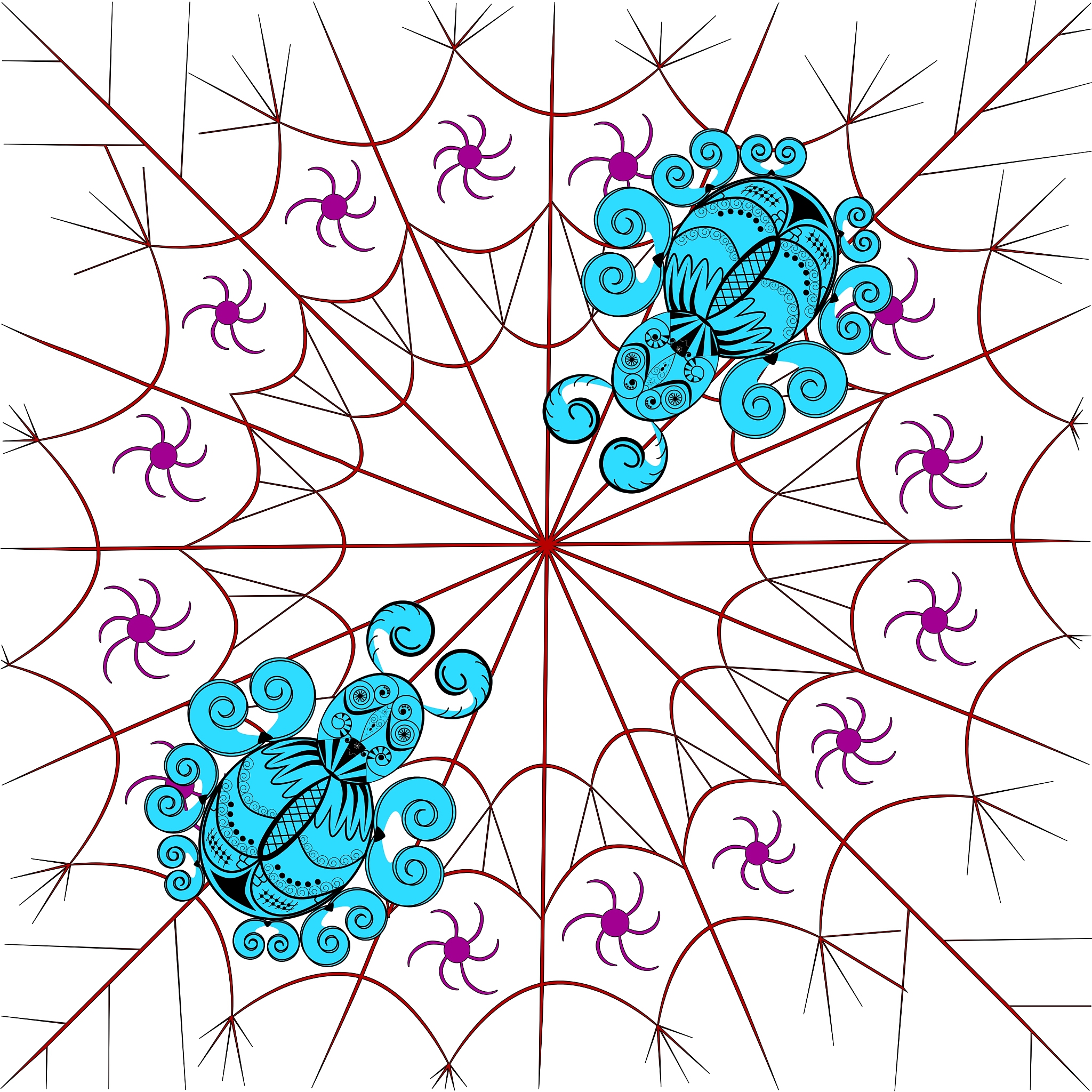 two graphic stylized spider on the web