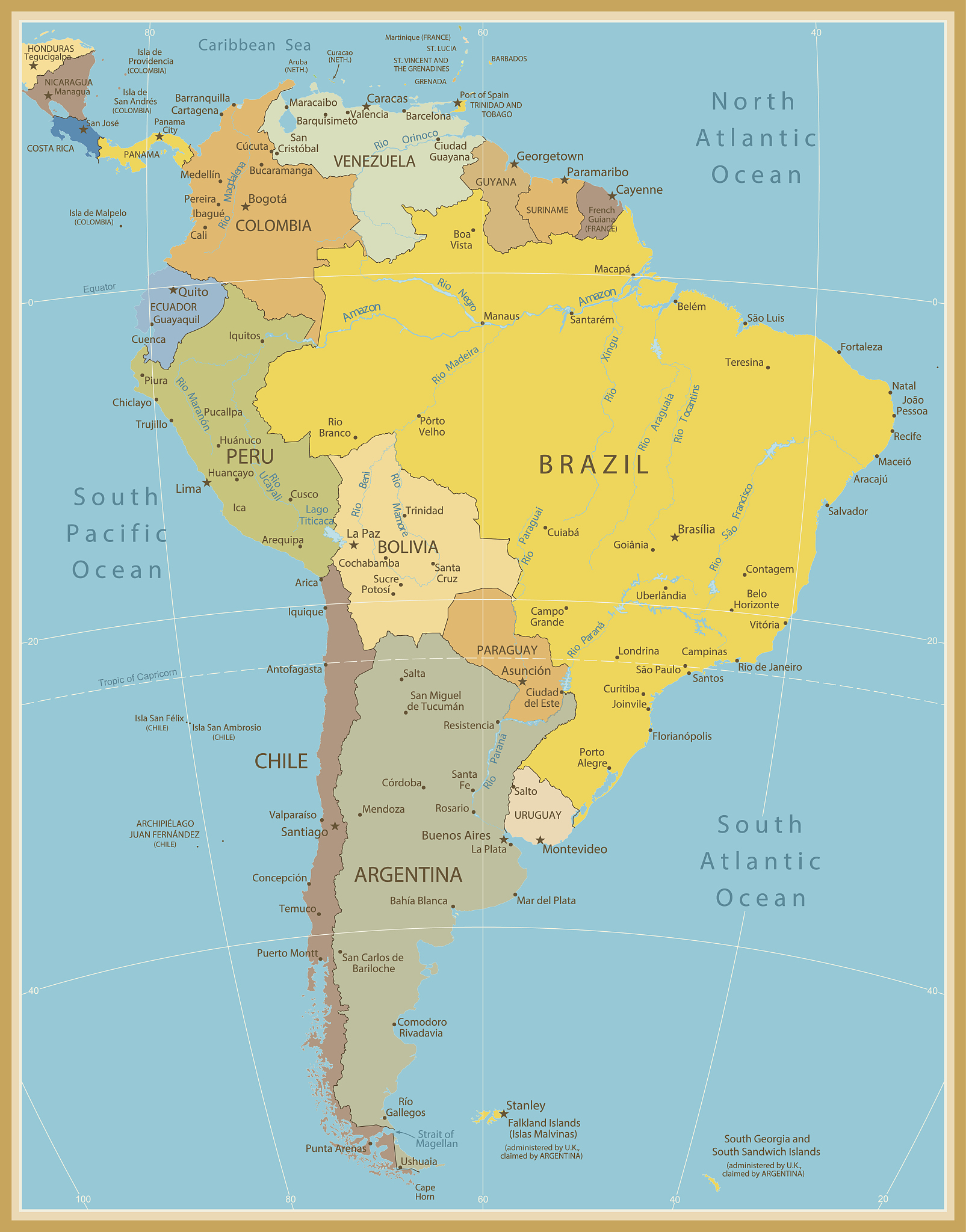south america detailed map vintage color