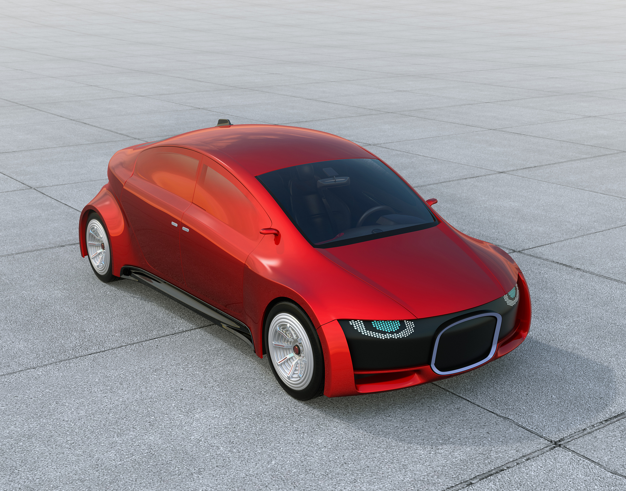 metallic red self-driving car parking on the ground