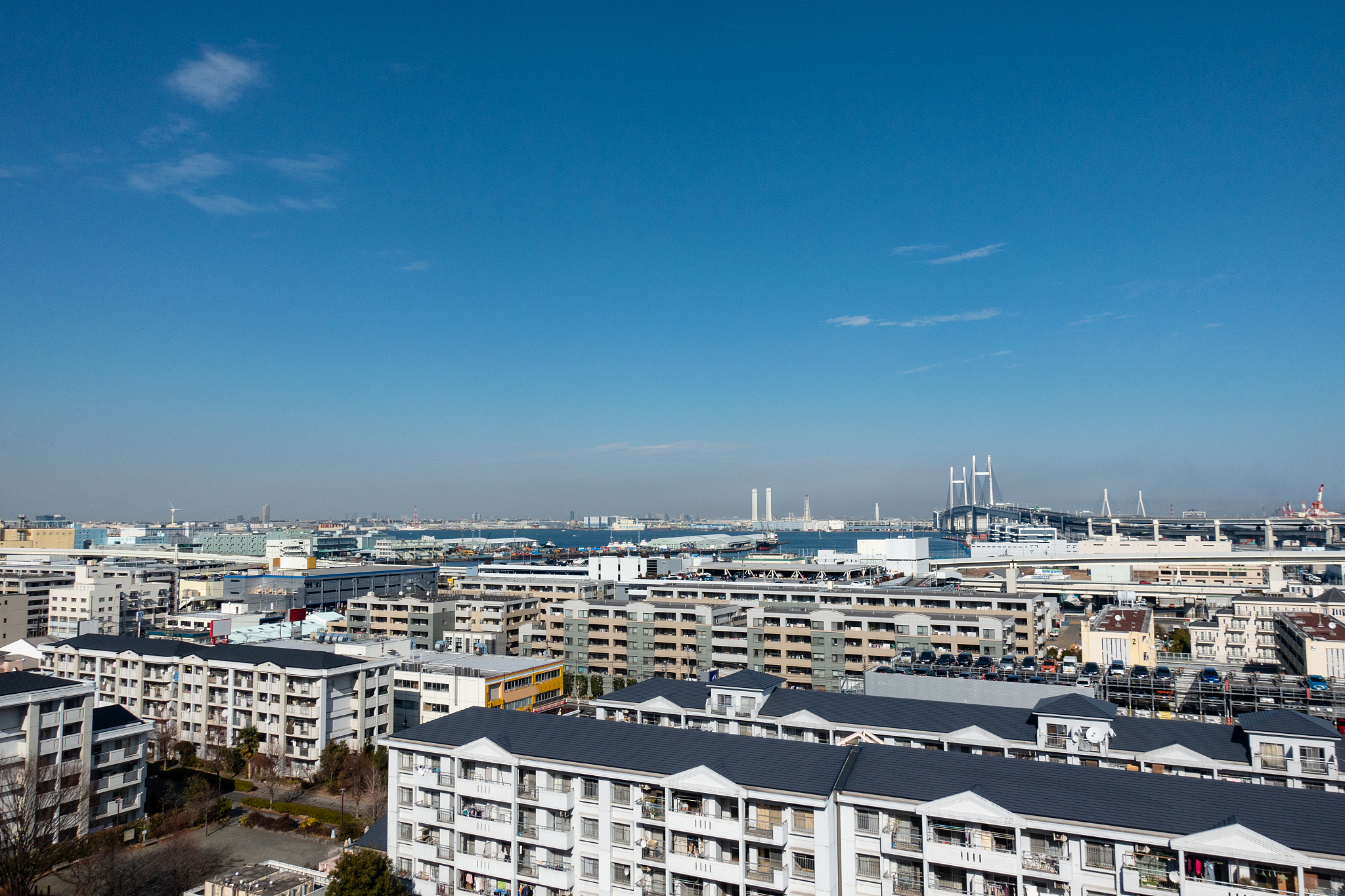 yokohama bay bridge and residential district in yokohama city in