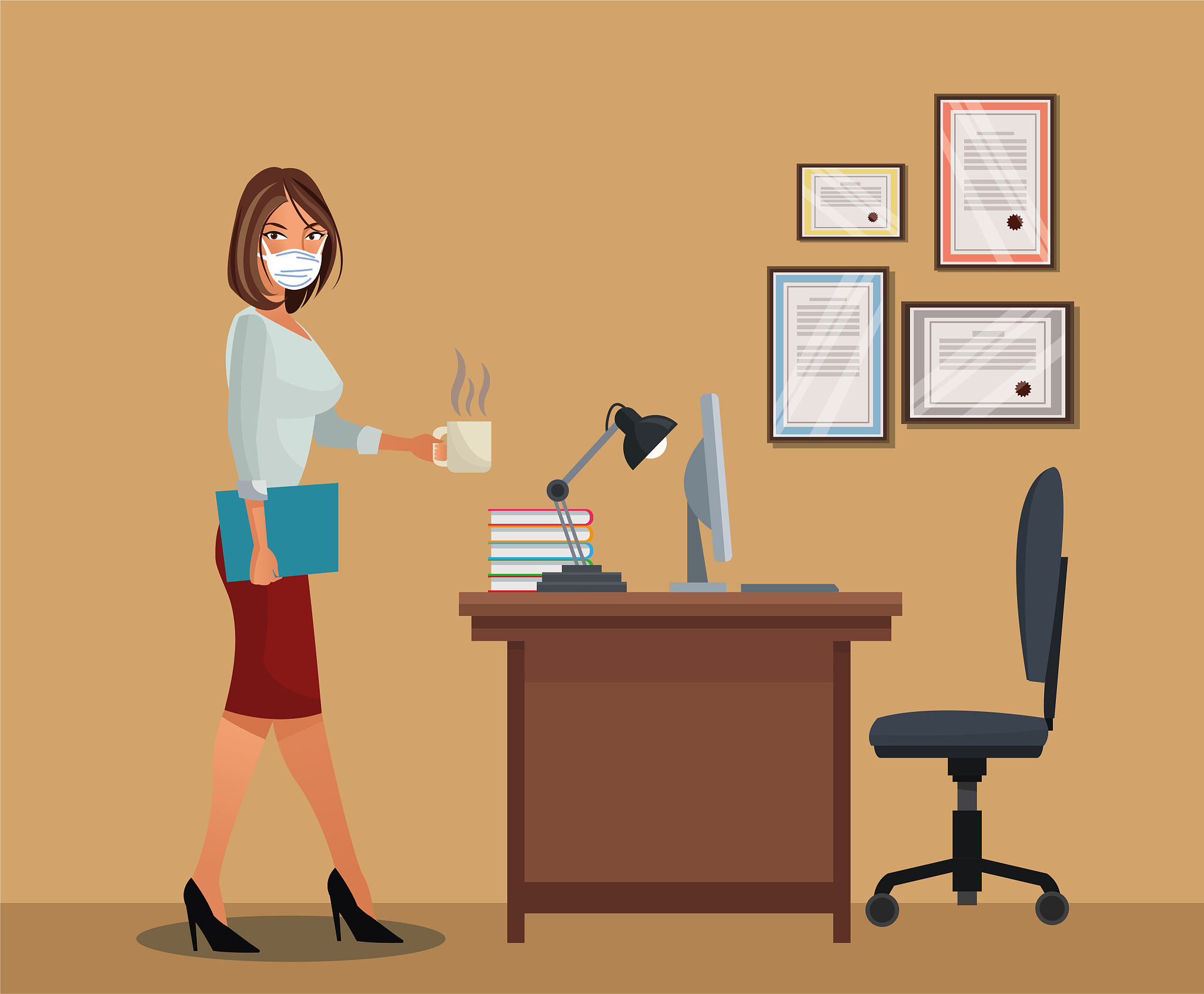 businesswoman working and wearing medical mask