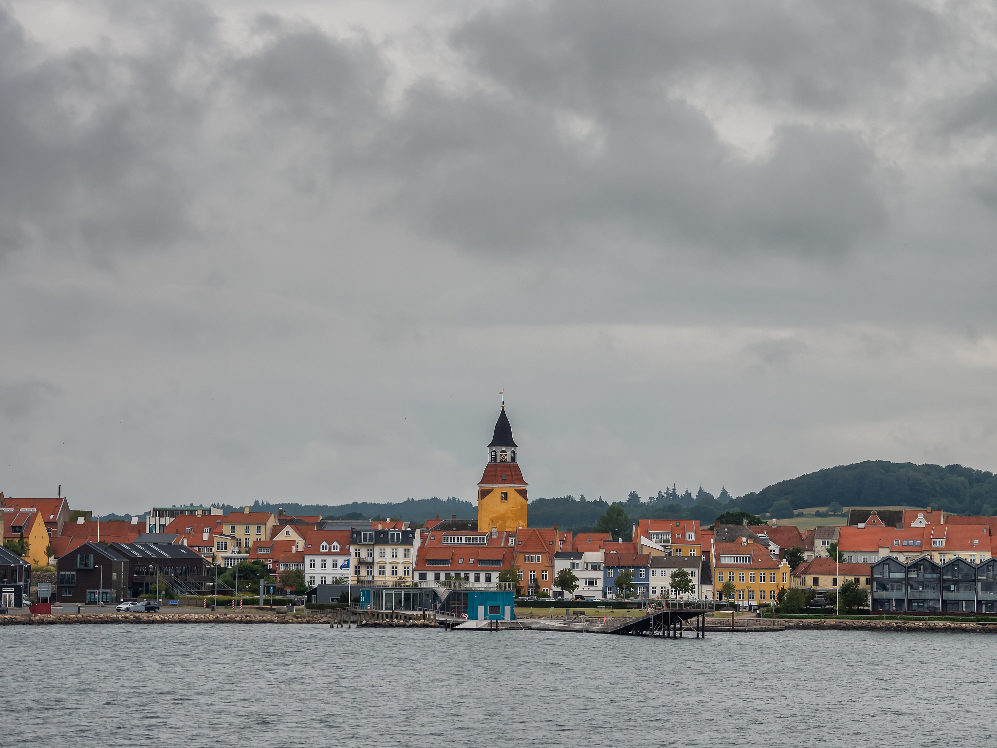 faaborg harbor and marina skyline view with the belltower, denma