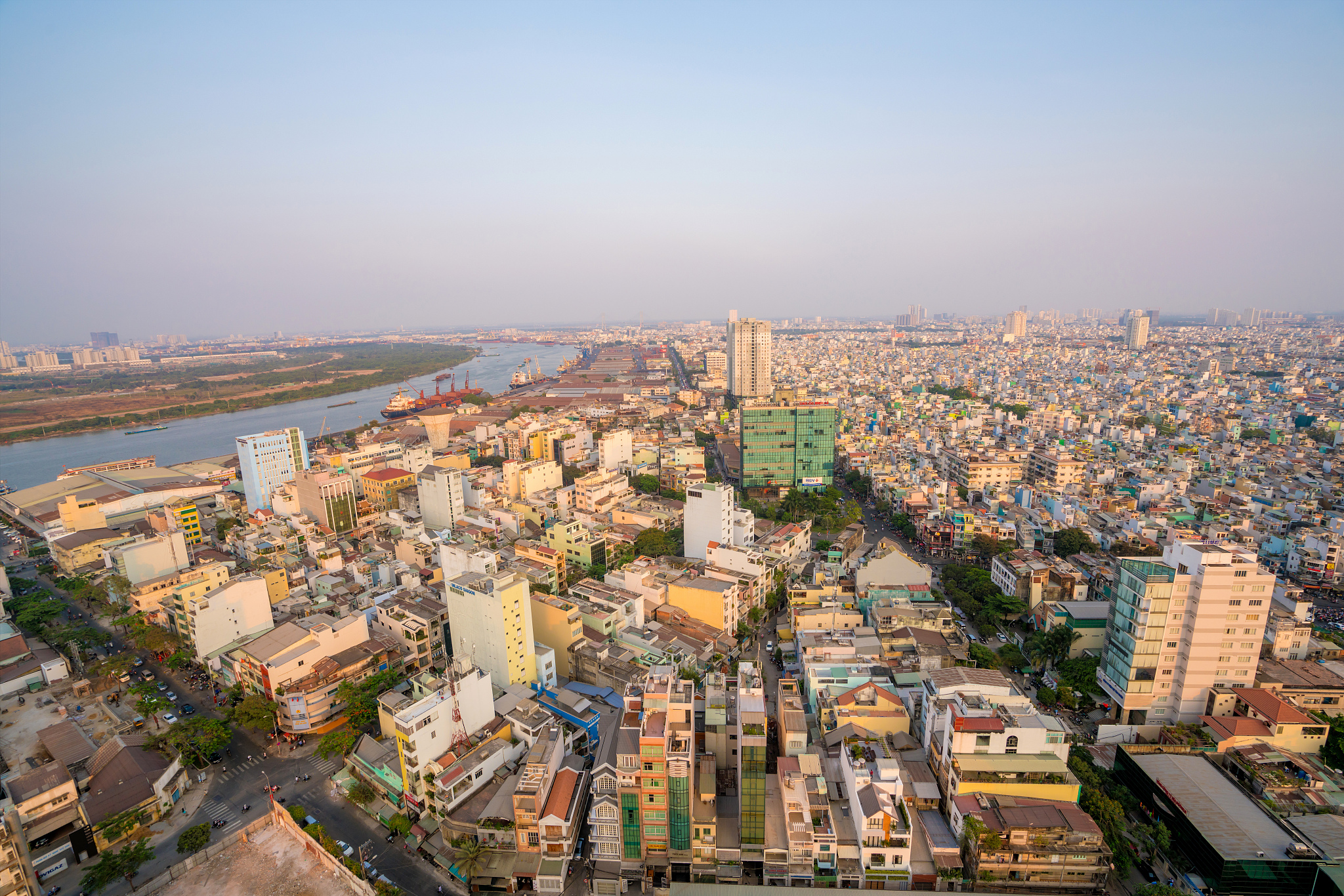 cityscape with housing of ho chi minh city, viewed from top of b