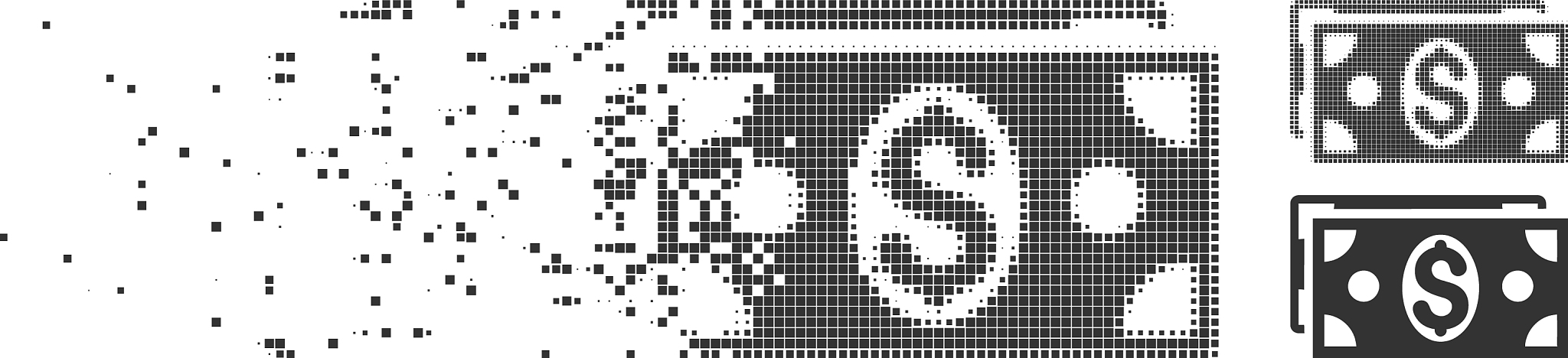fractured pixel halftone dollar banknotes icon