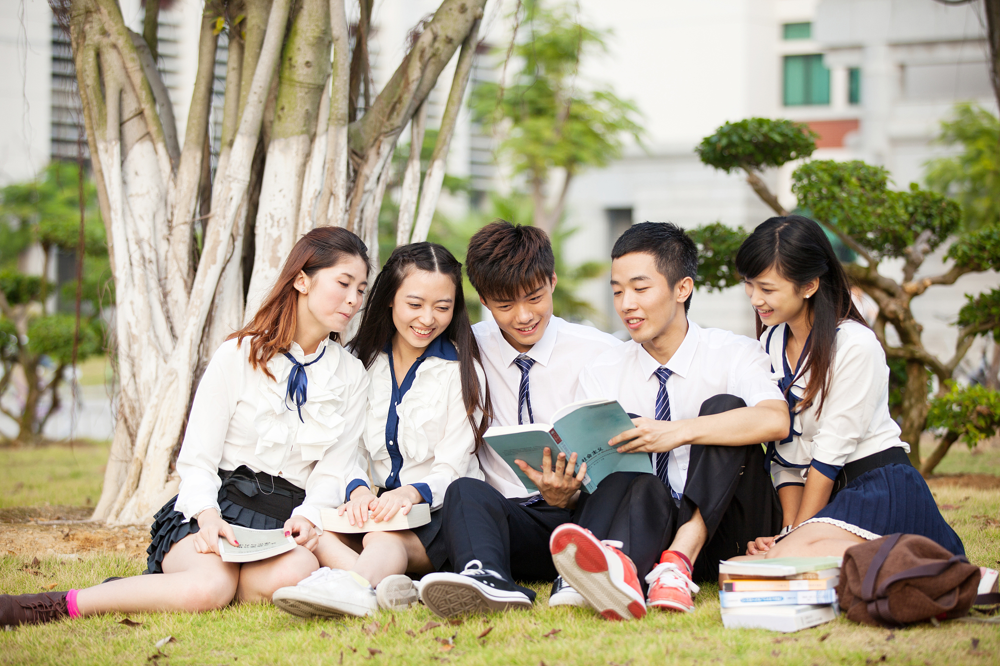 五个大学生在校园聊天