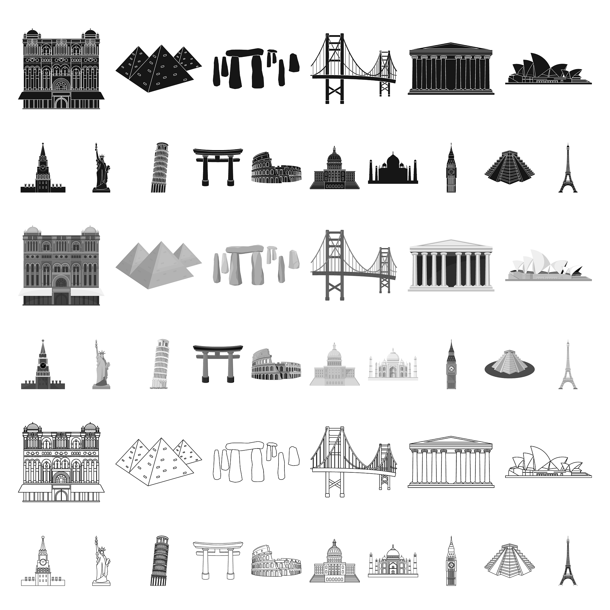 sights of different countries cartoon icons in set