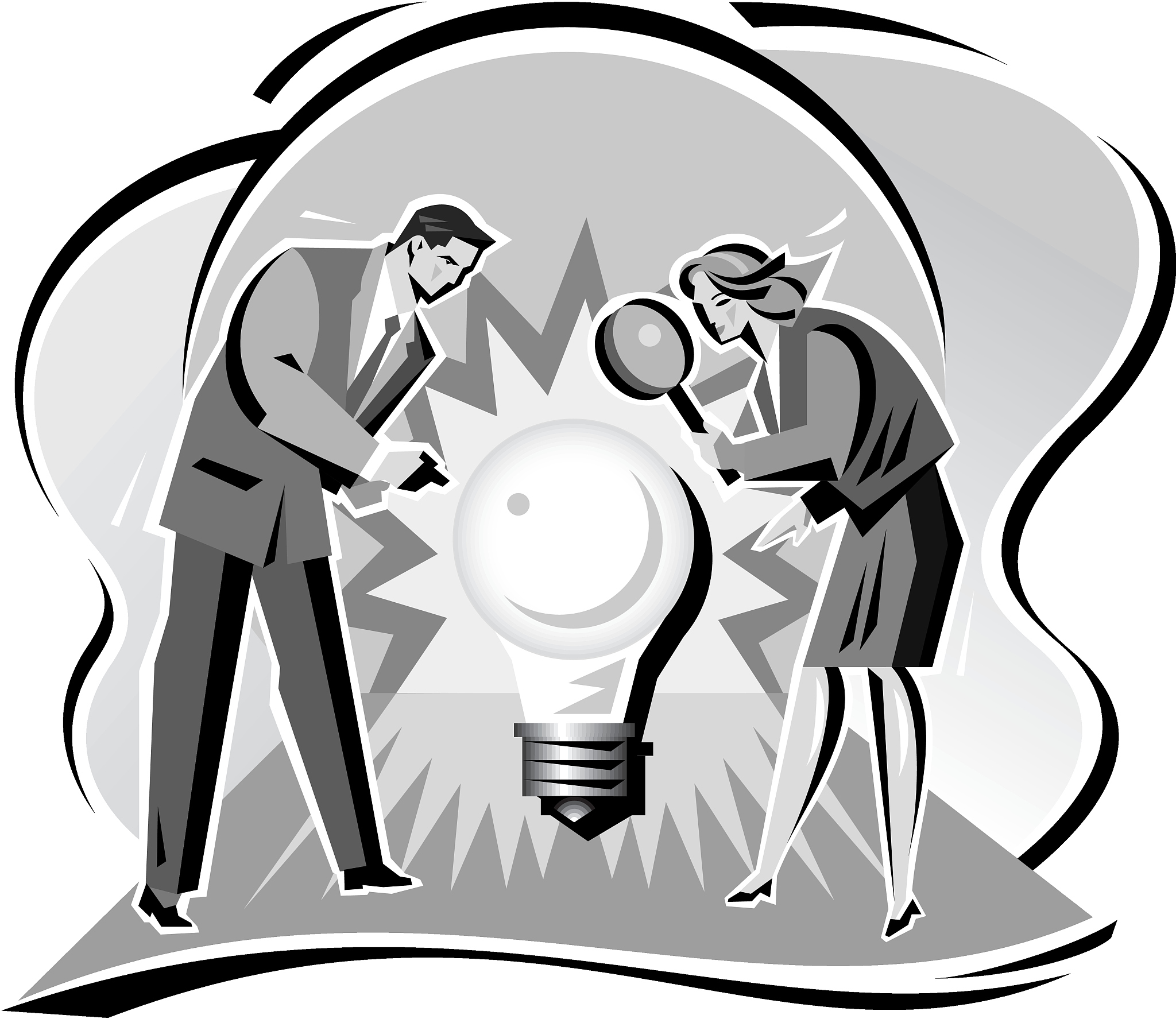 business people studying a light bulb, grayscale