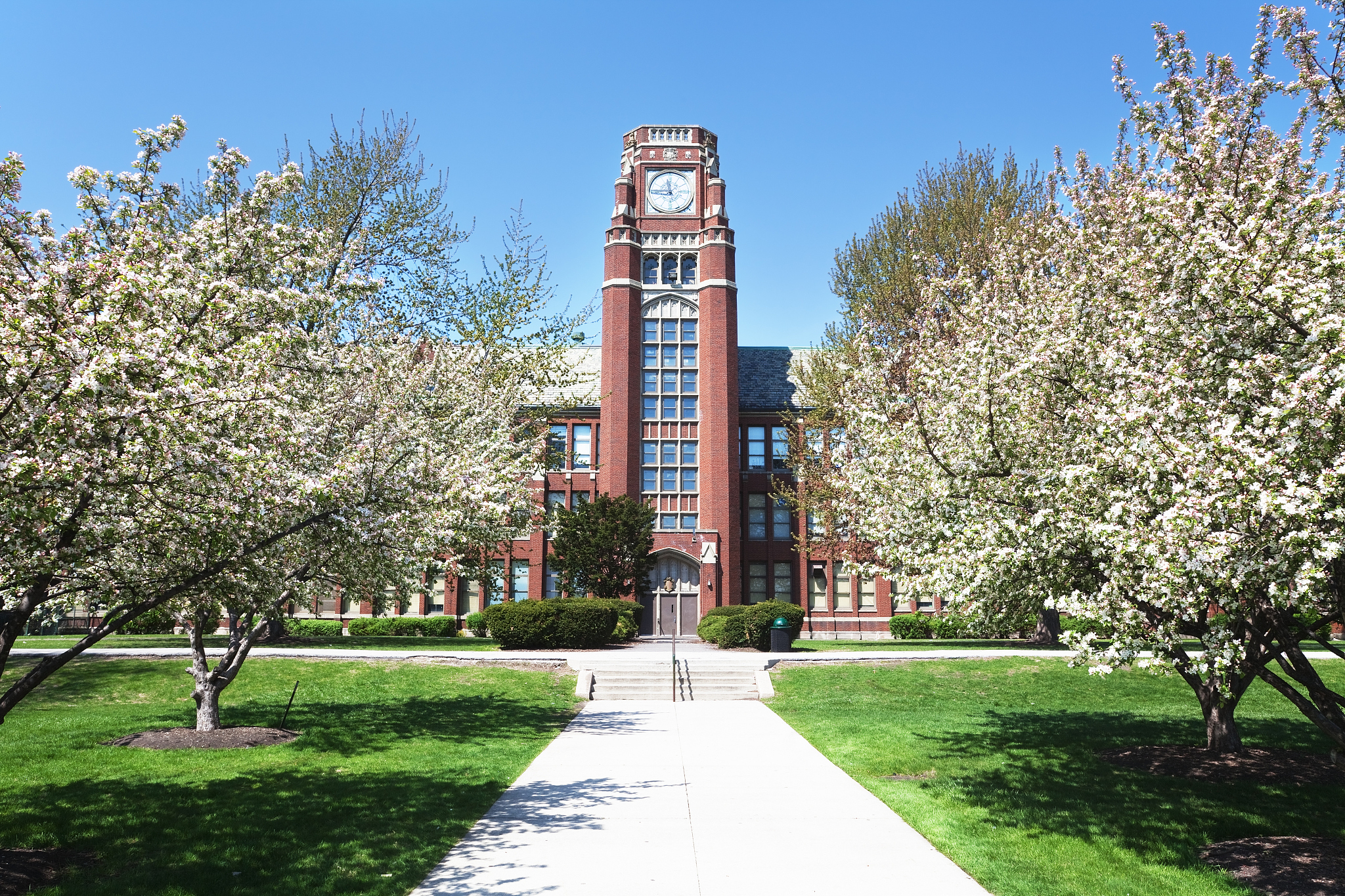 chicago high school clock tower in springtime