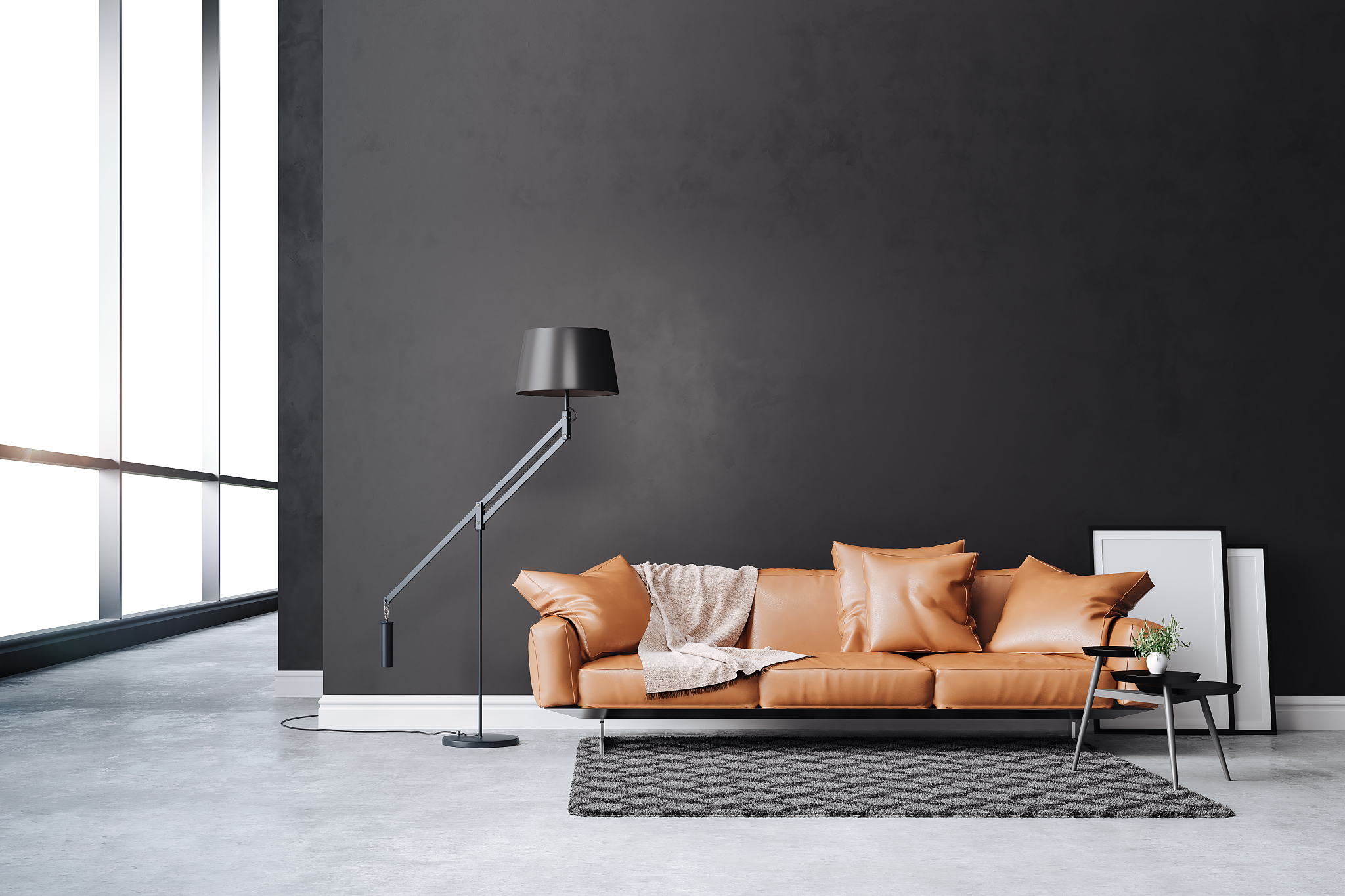 3d beautiful interior with couch and home plant