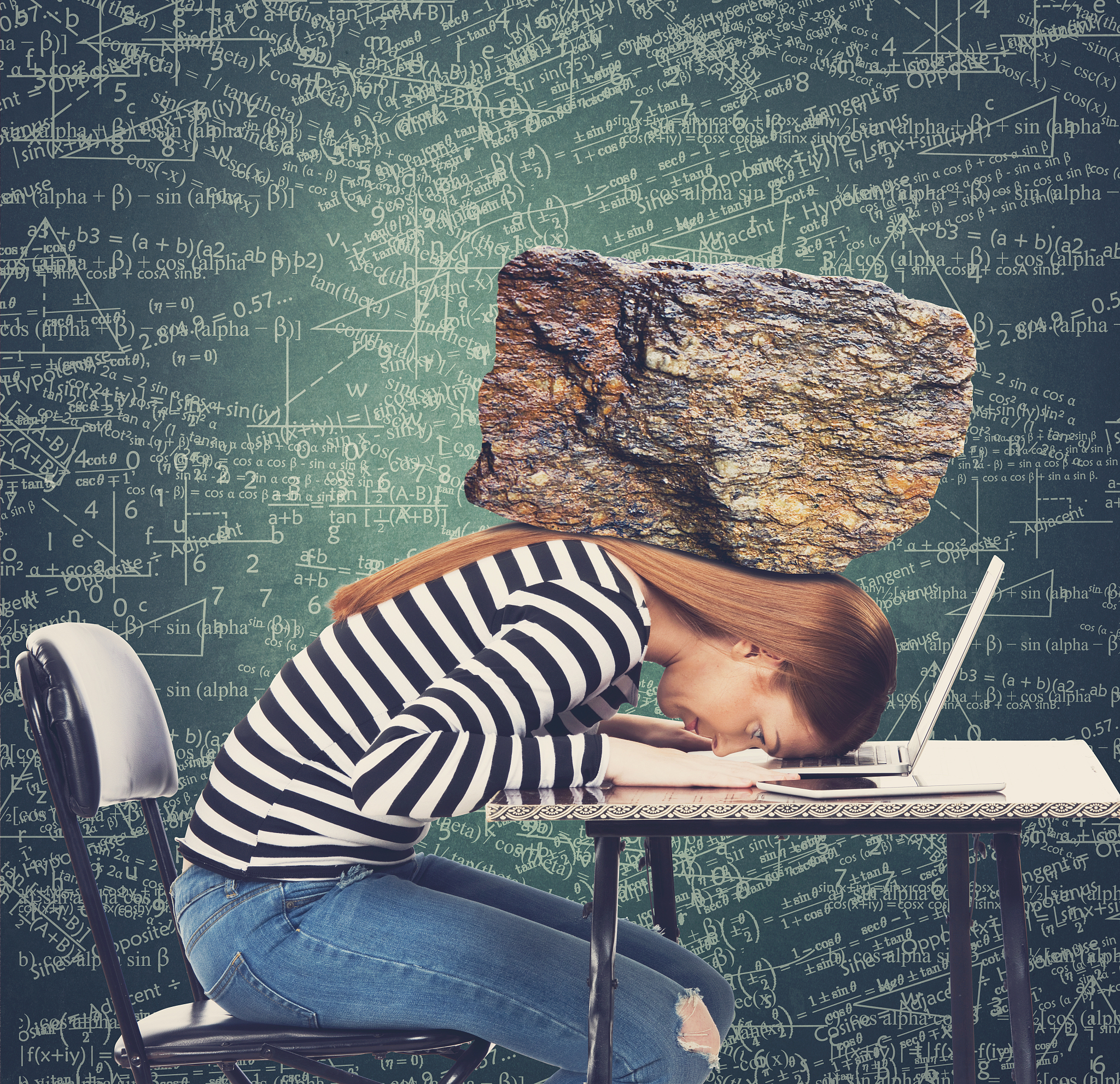 stressed businesswoman with burden on her head