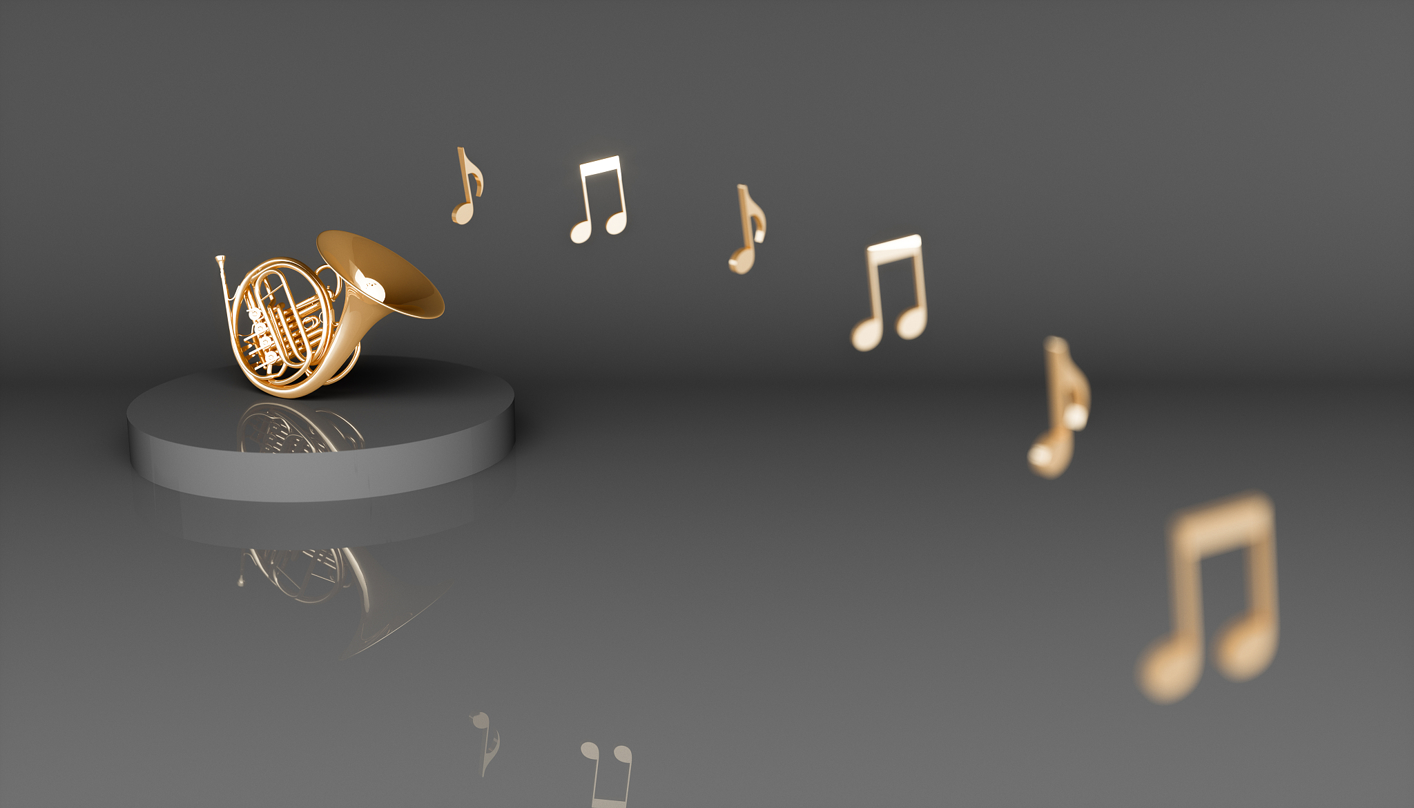 golden french horn on a black background