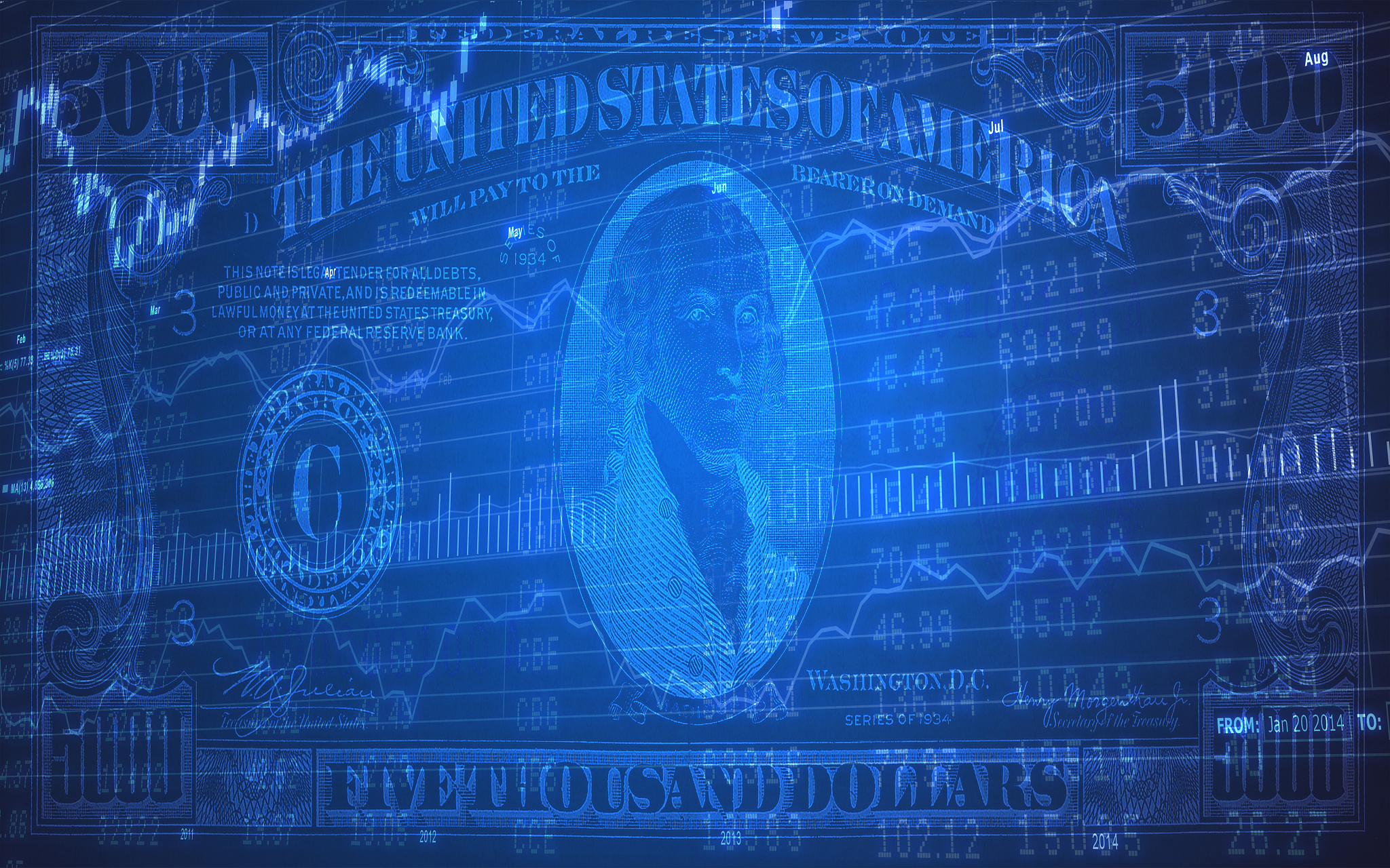 five thousand dollar bill pattern with stock data on blue