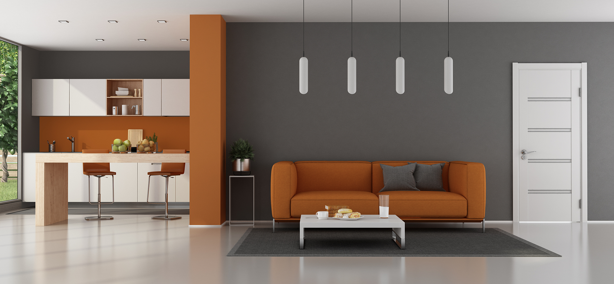 modern living room with kitchen on background