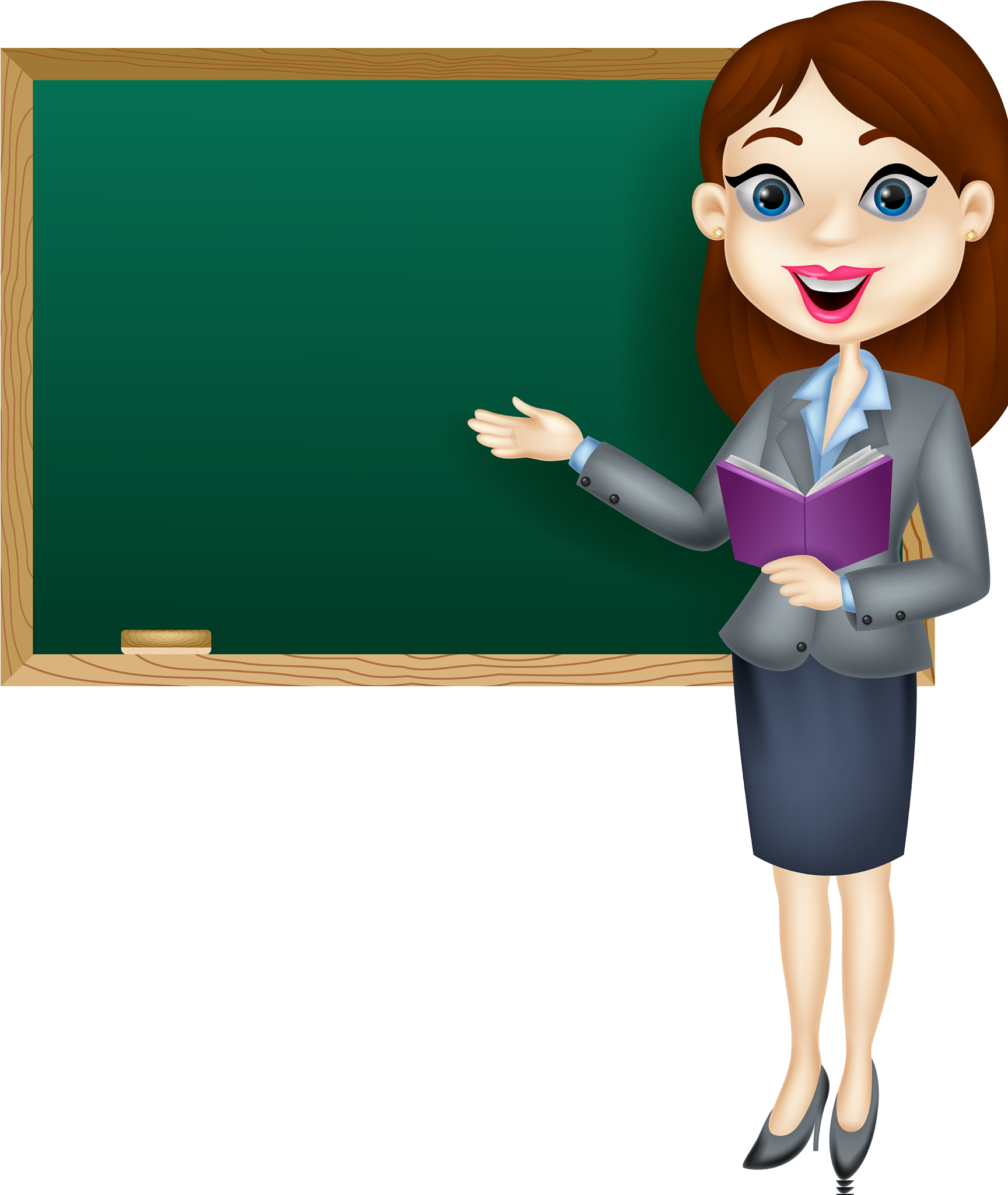 cartoon female teacher standing next to a blackboa