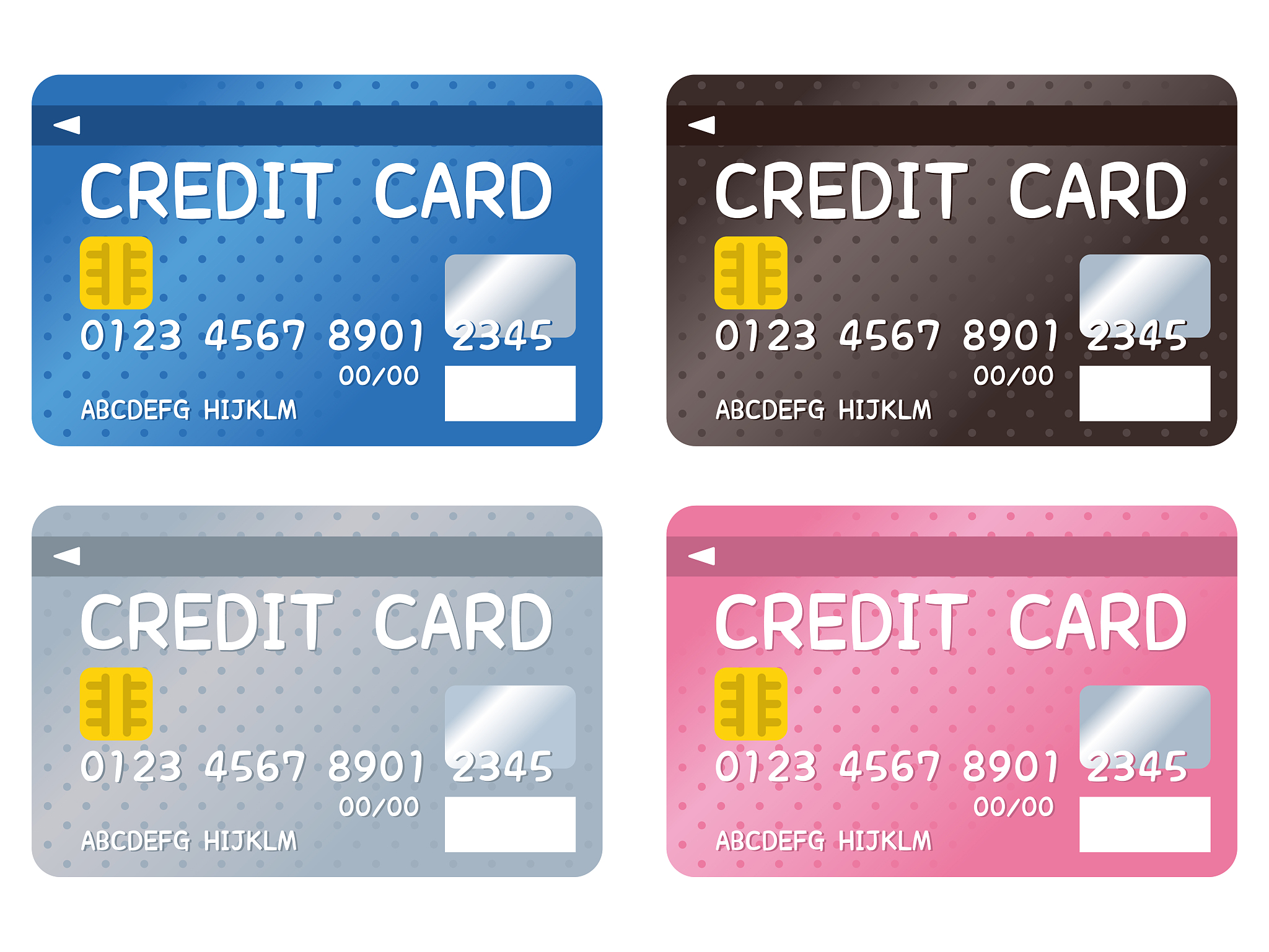 four colorful credit cards are lined up