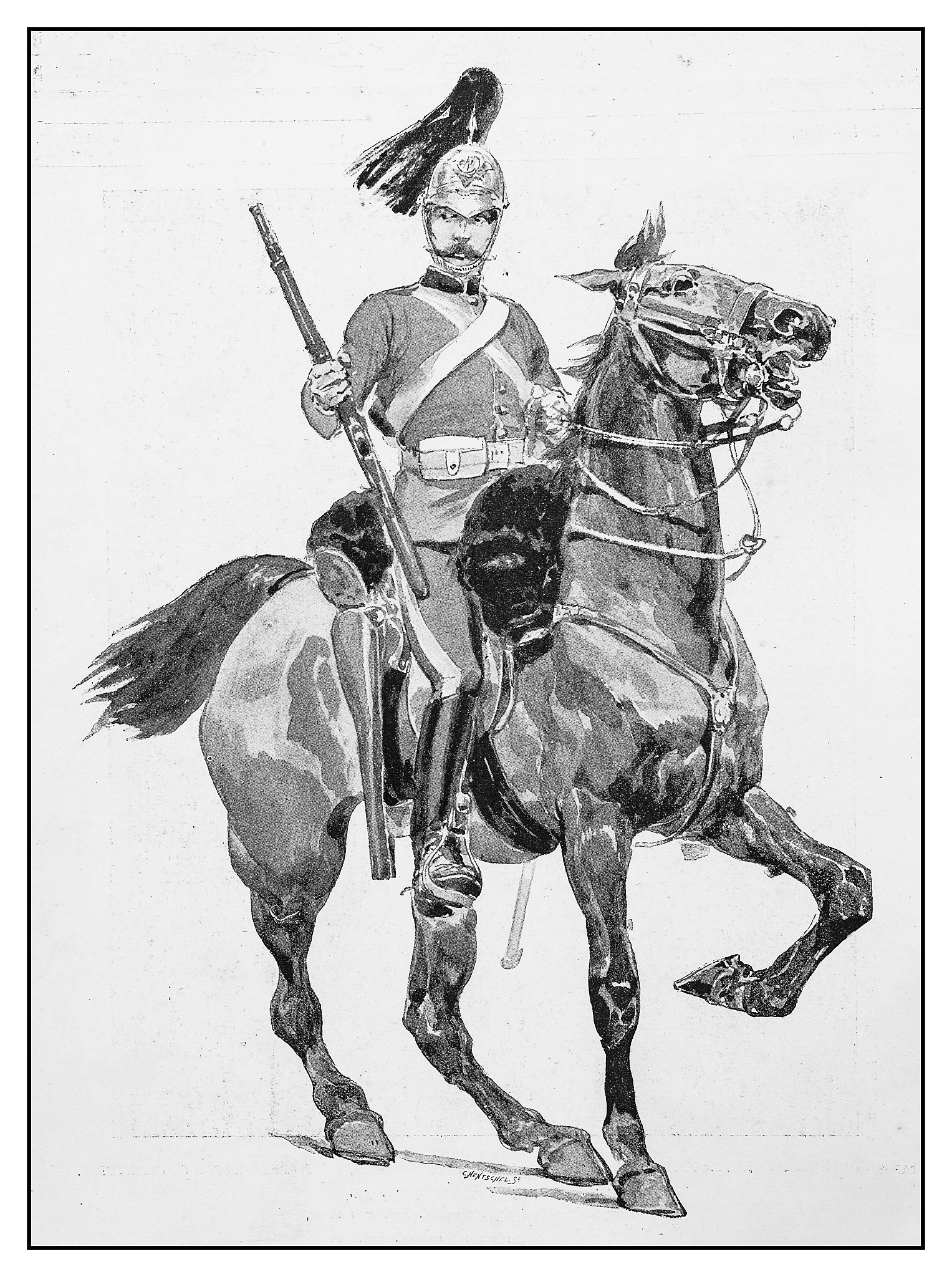 antique illustration: soldier on horse