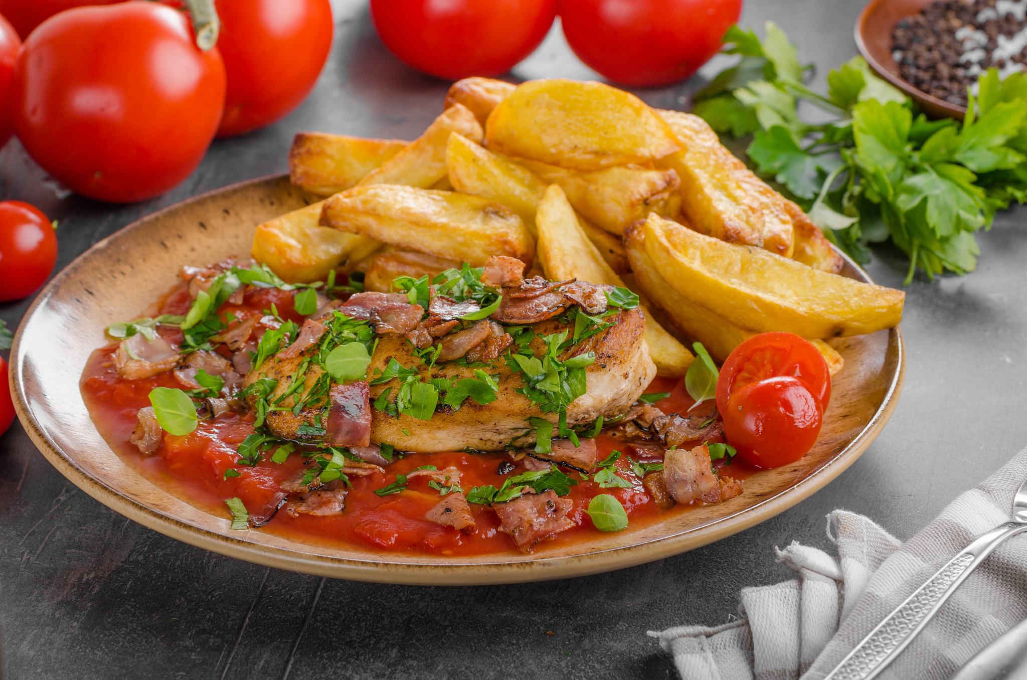 chicken steak with herbs, homemade french fries