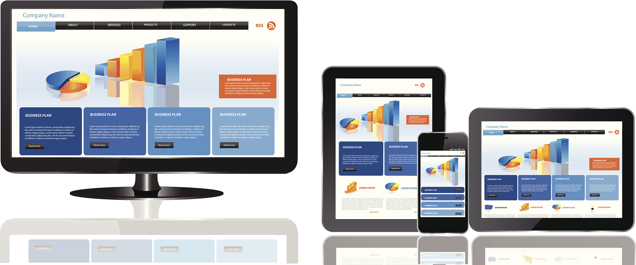 website template on computer monitor tablet and mobile phone