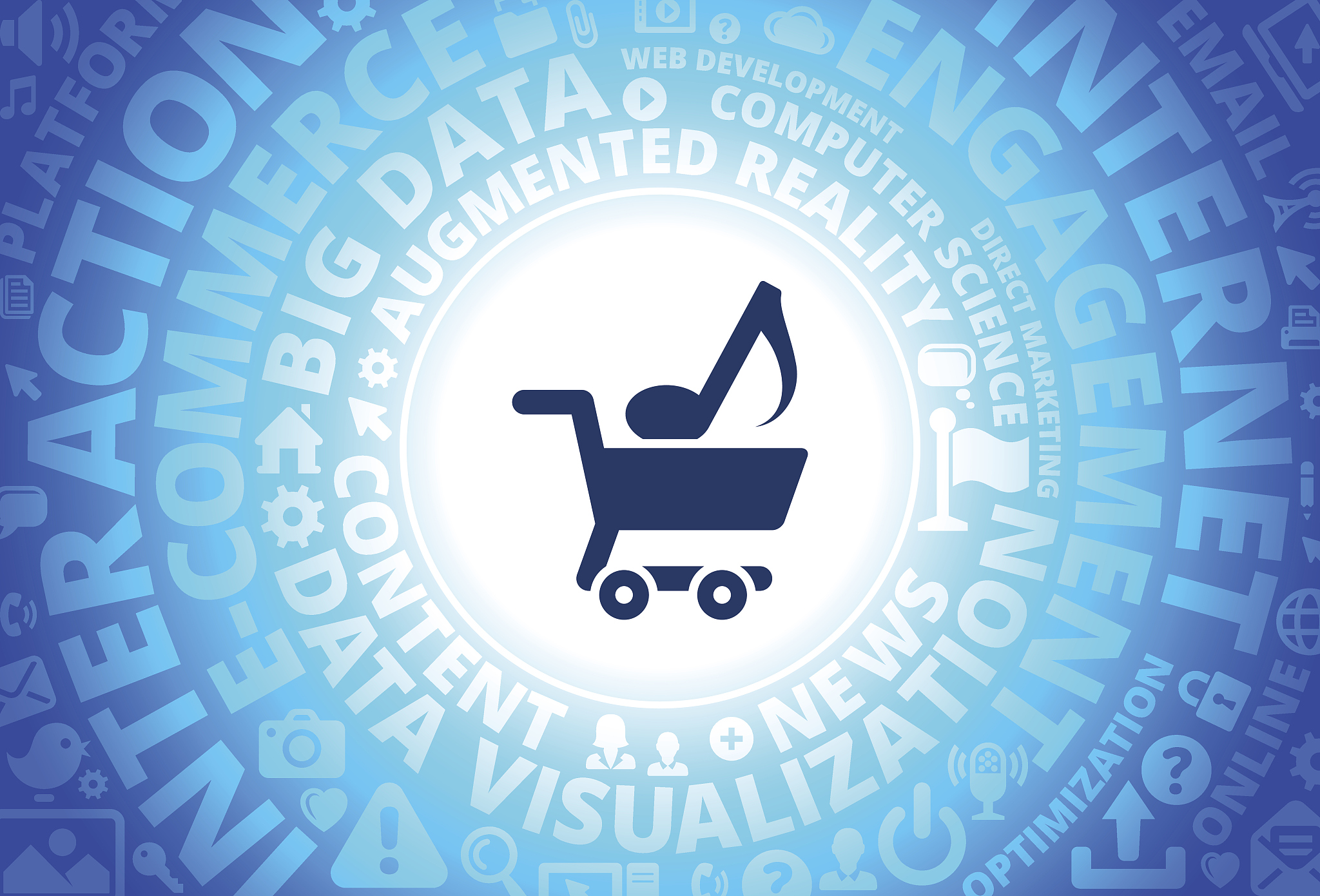 music shopping icon on internet modern technology words backgrou