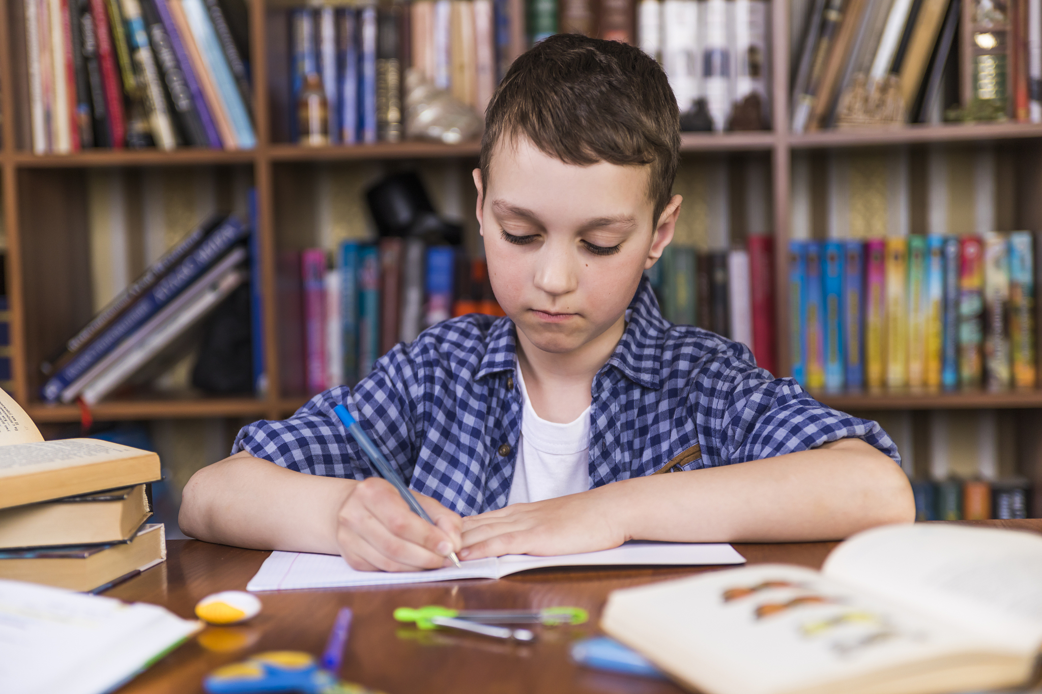 the boy is studying at home. distance learning