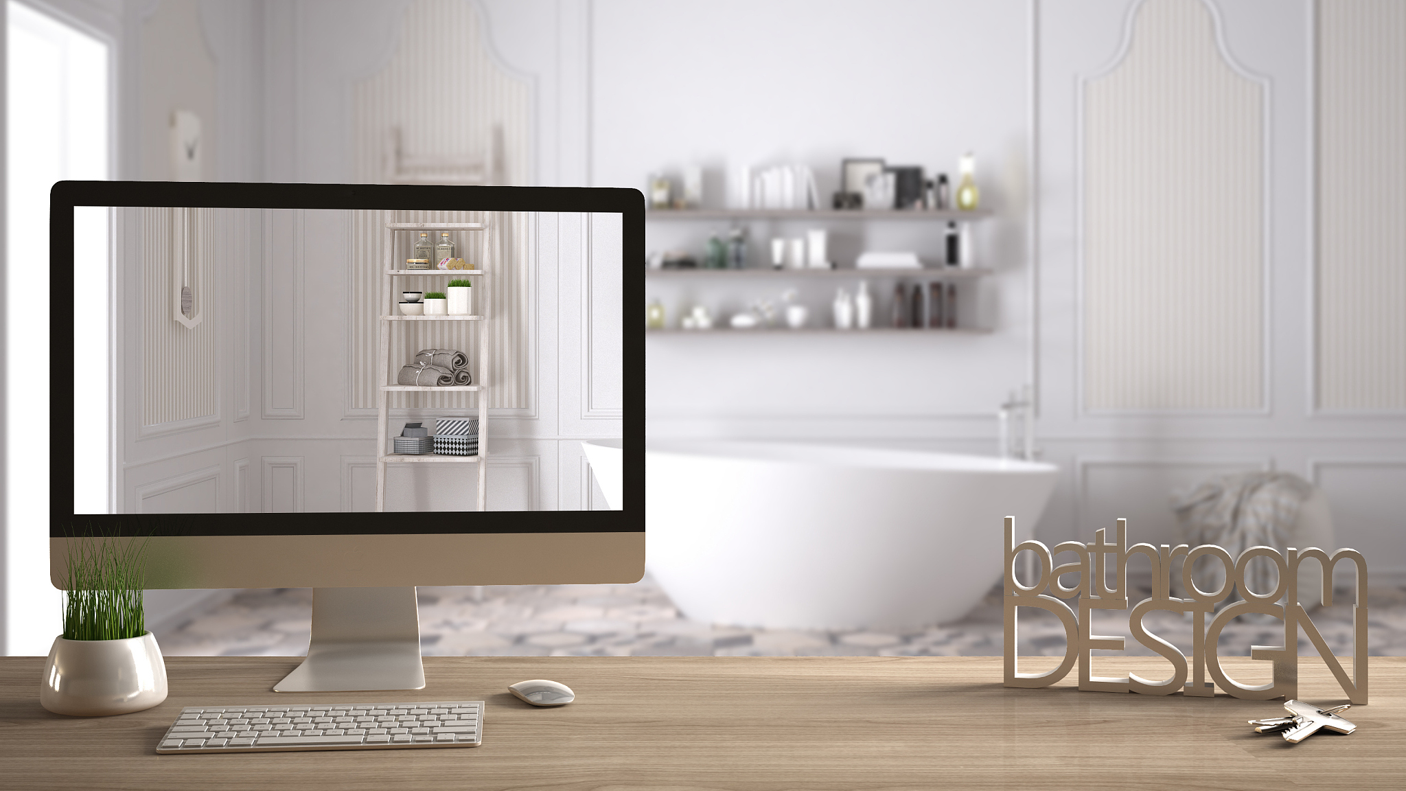architect designer project concept, wooden table with keys, 3d l