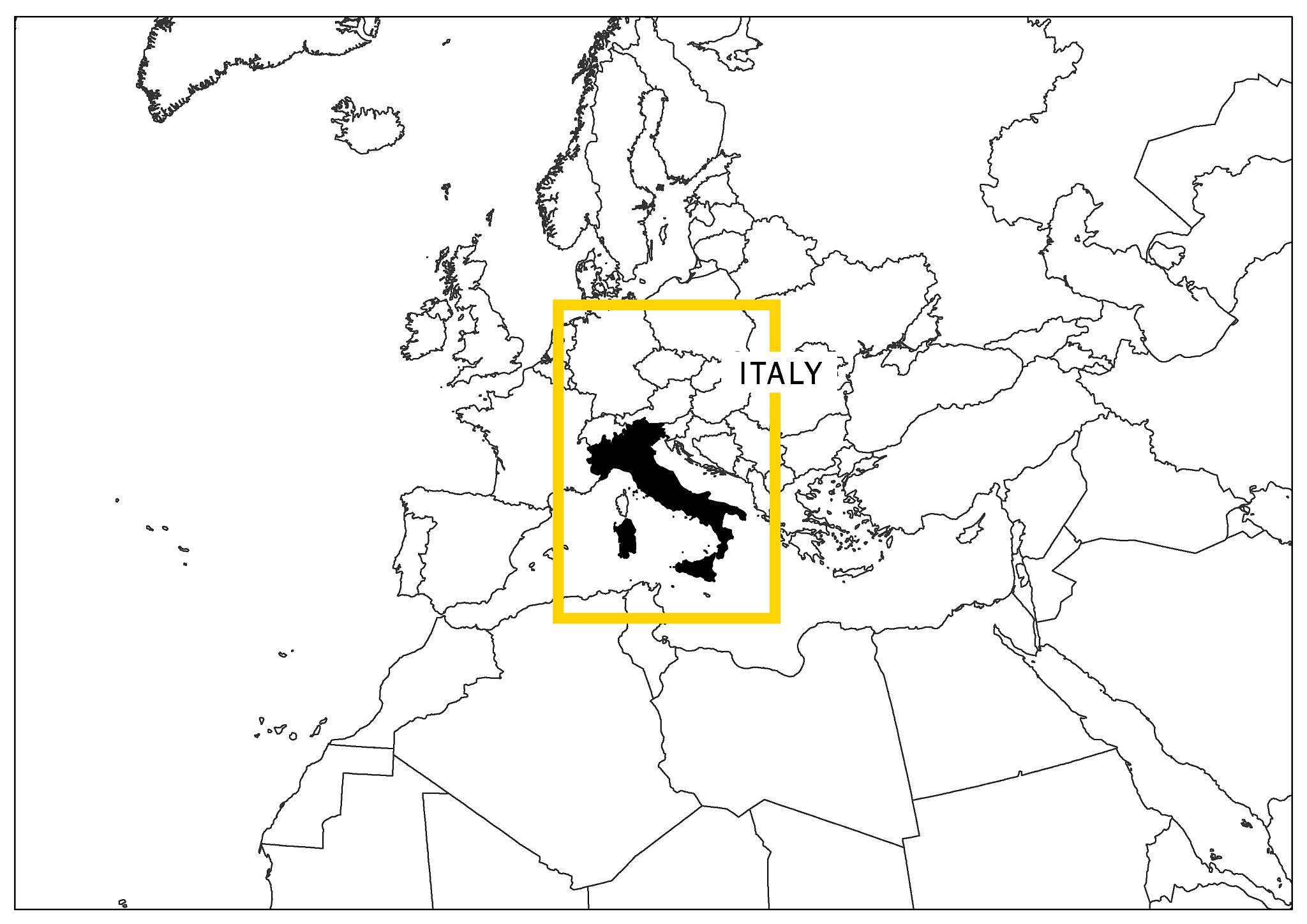 italy map with yellow frame and name country