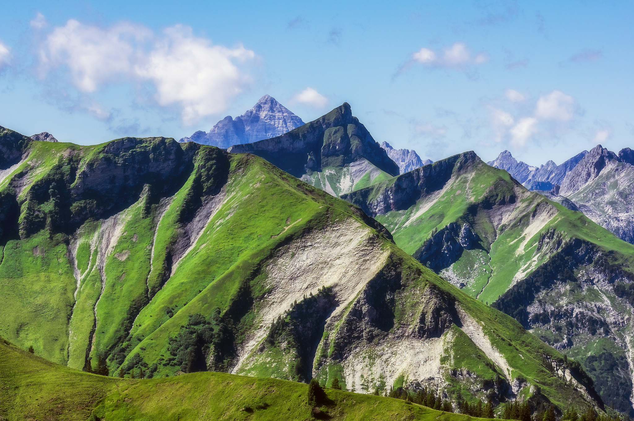 austria, tyrol, scenic view of peaks of tannheim mountains in su