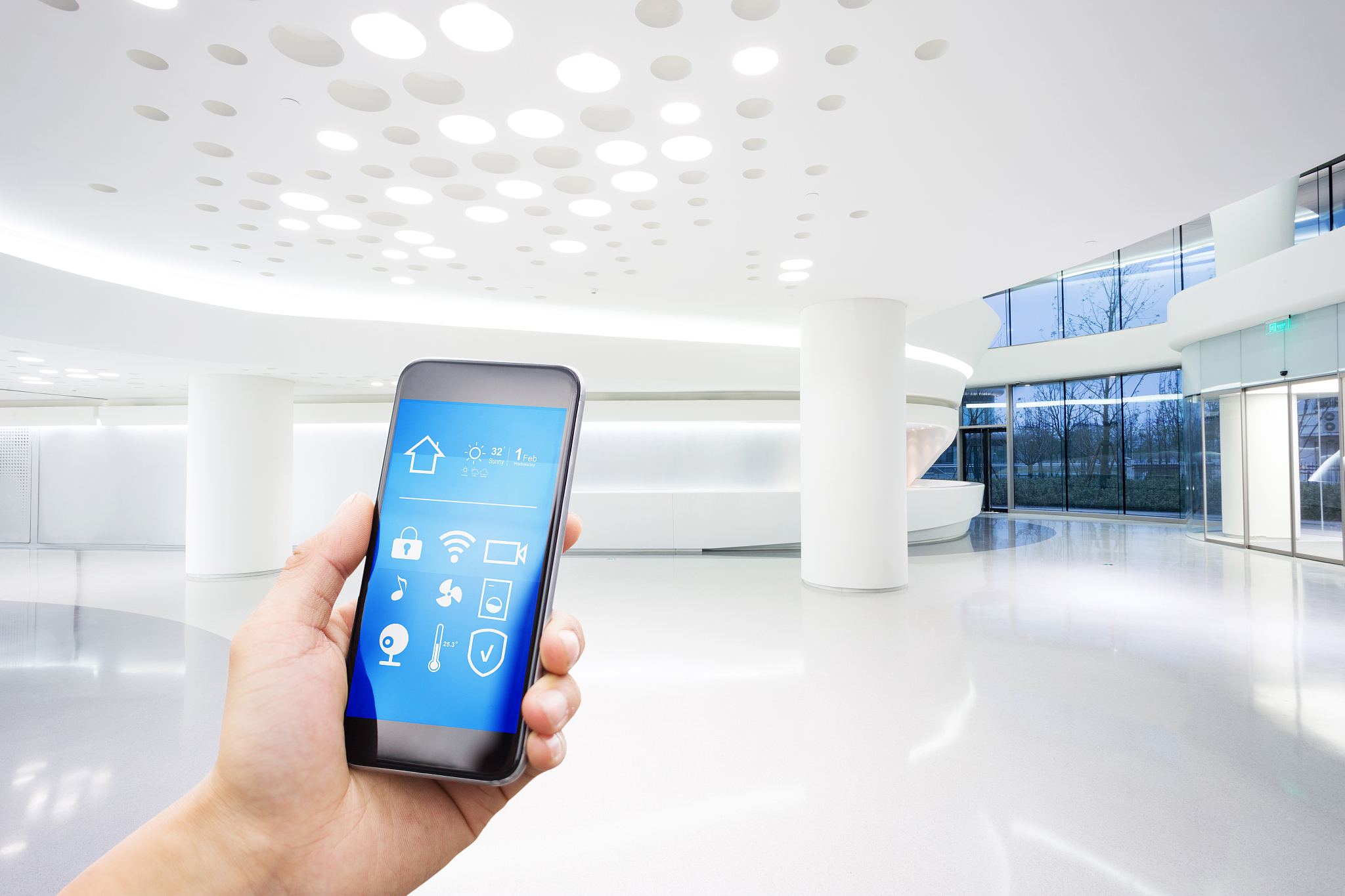 smart phone with smart home with modern hall