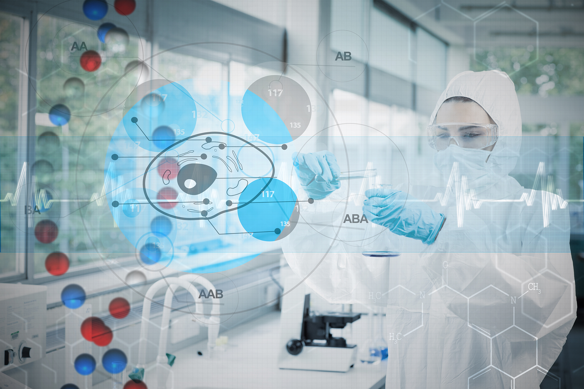 scientist in protective suit working with cell diagram interface