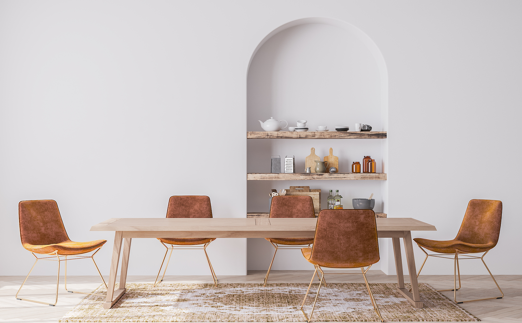 scandinavian dining room design, orange and wooden furniture