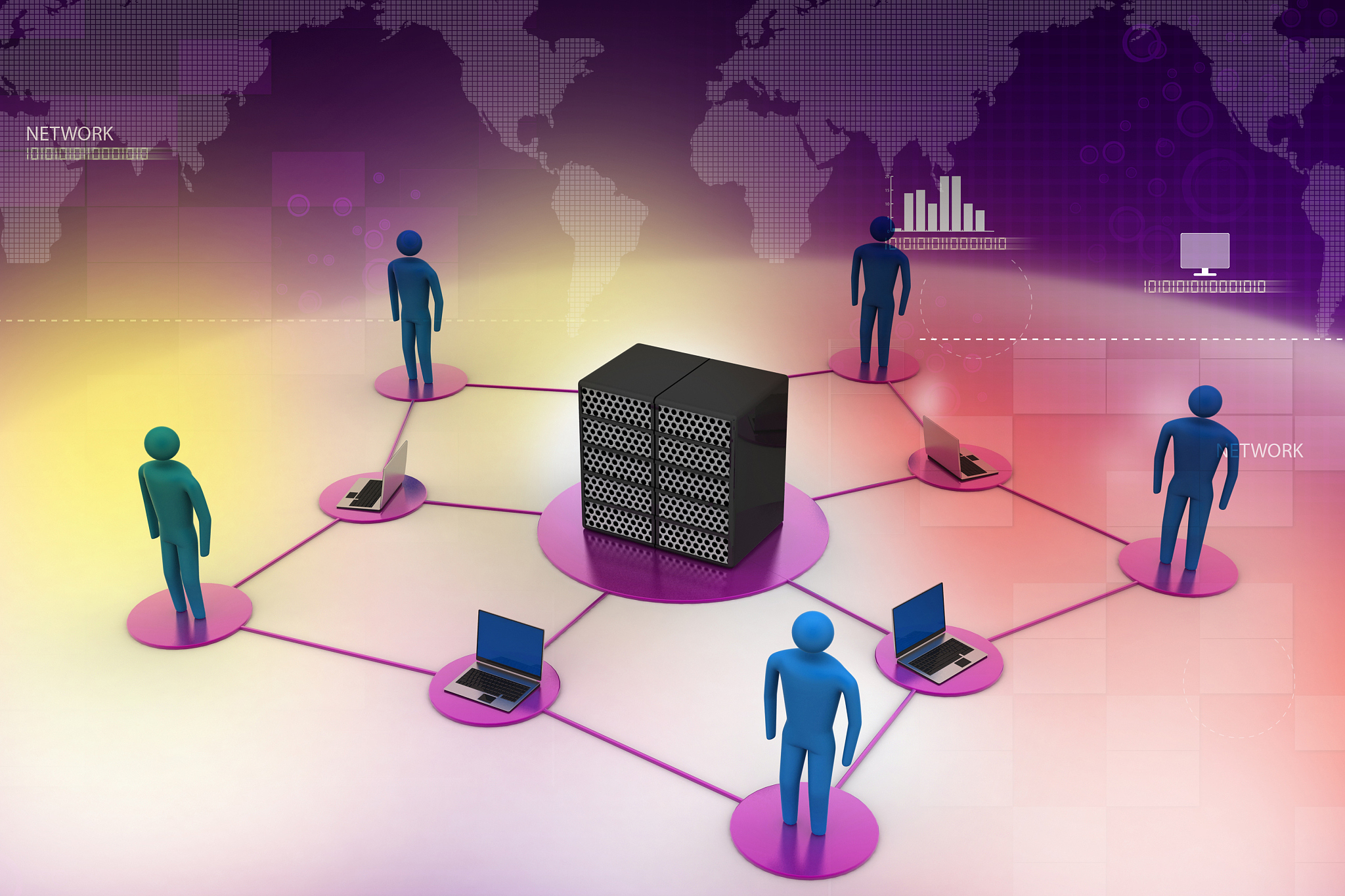 human with laptop with big server net work firewall. 3d image