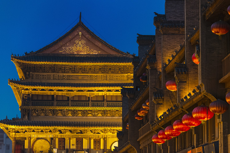 night view of drum tower, xian, shaanxi province, china