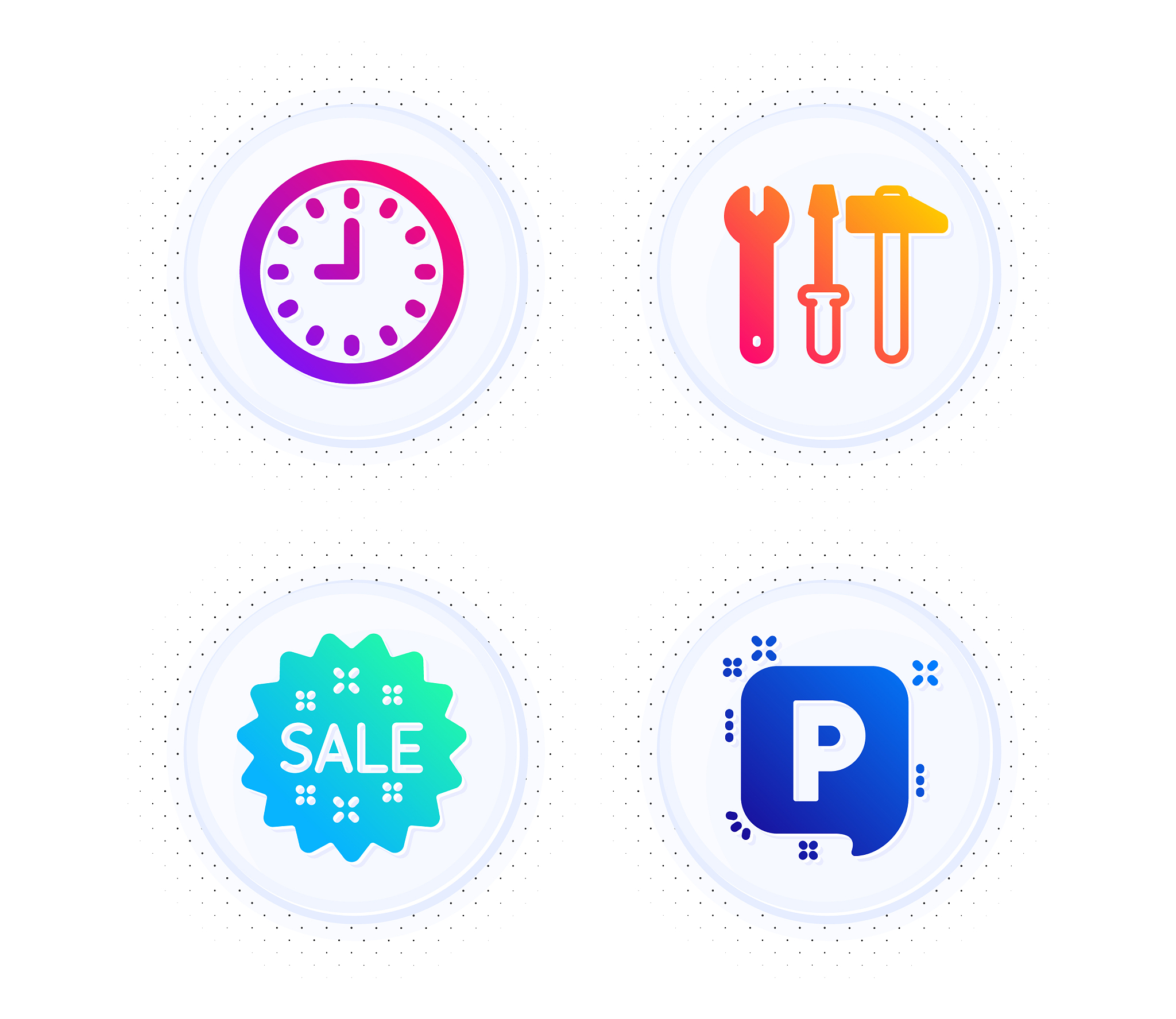 clock sale and spanner tool icons set parking