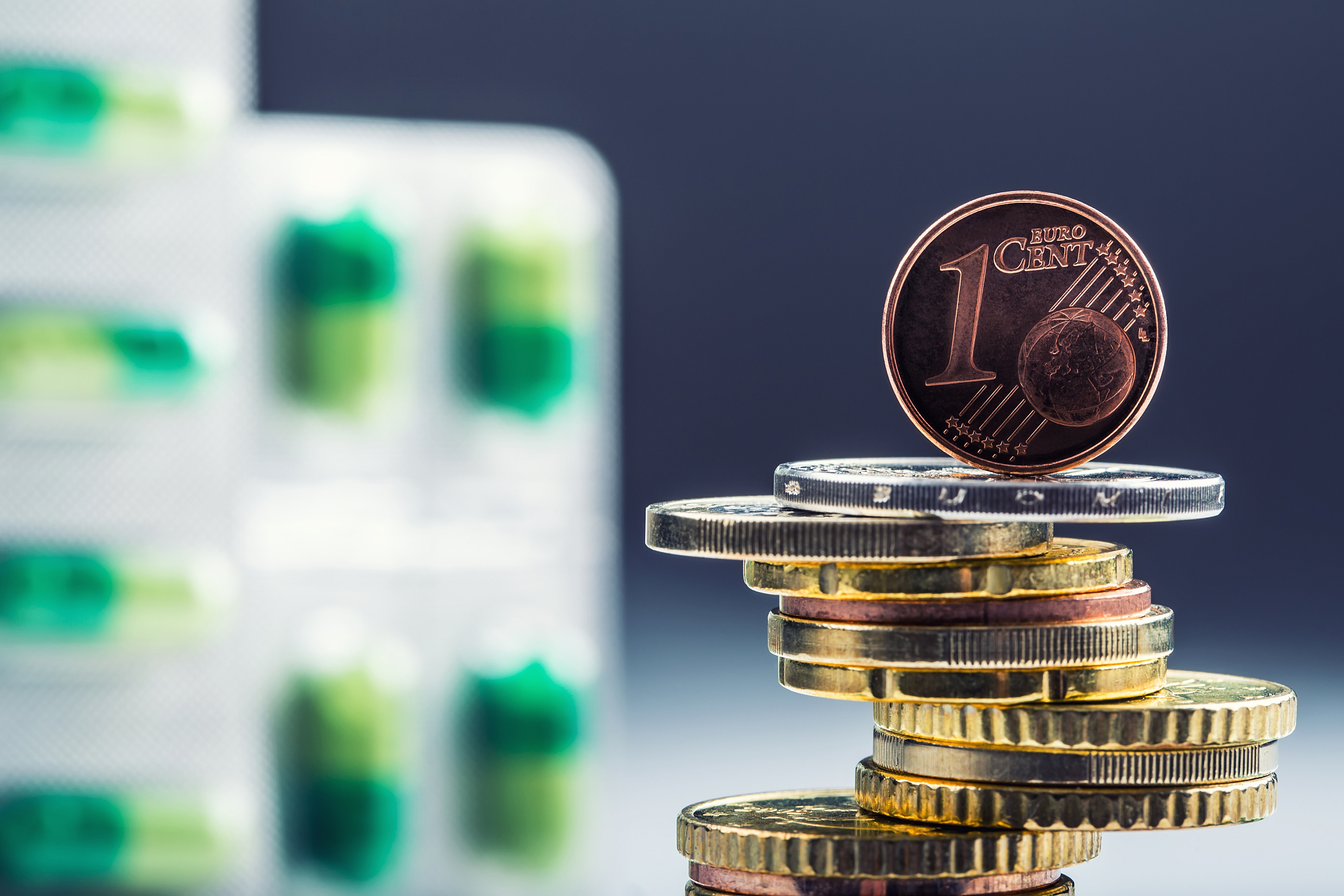 euro money and medicaments. eurocoins and pills.