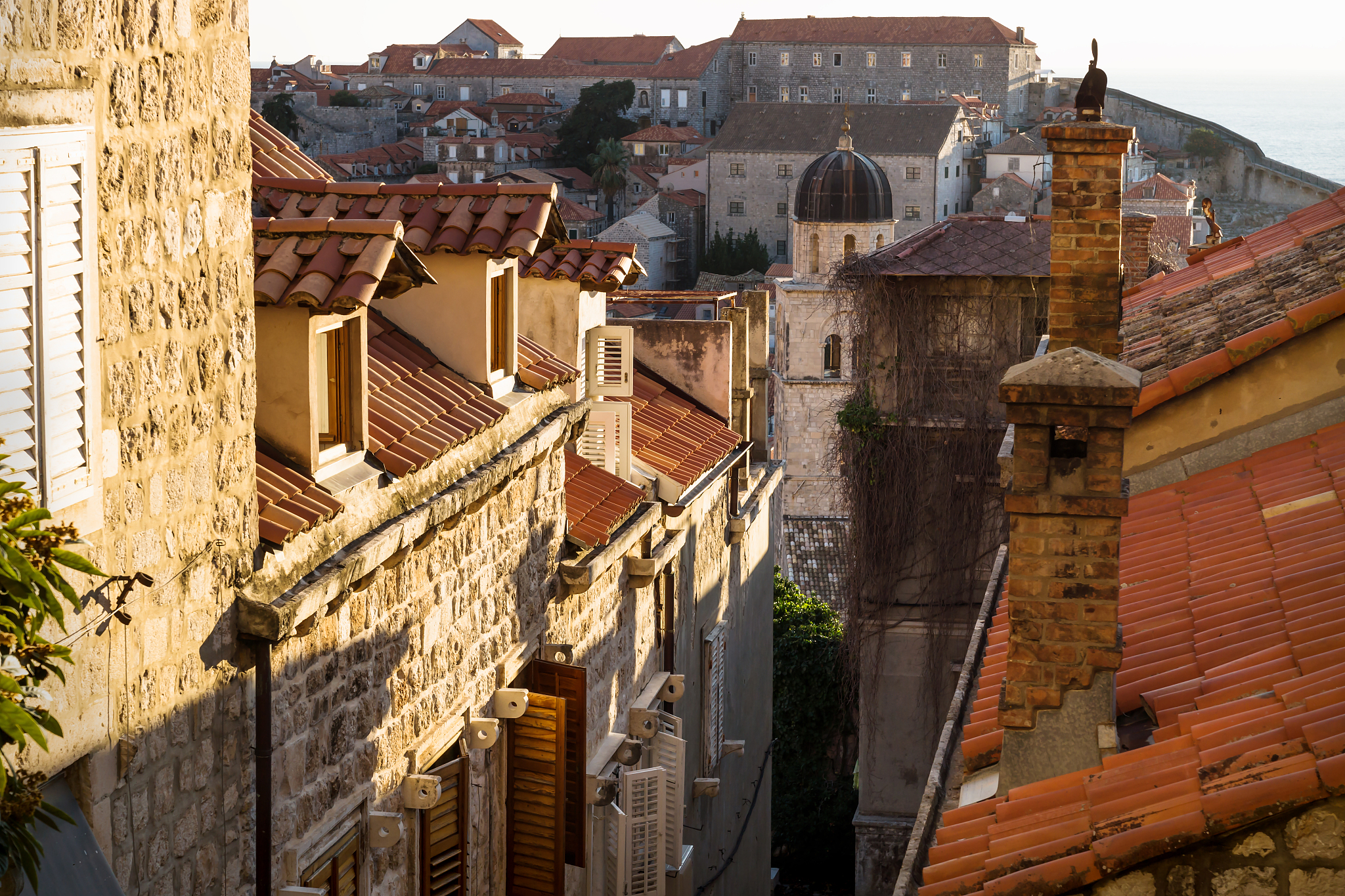 view over the roofs of dubrovnik with the last winter sun, croat