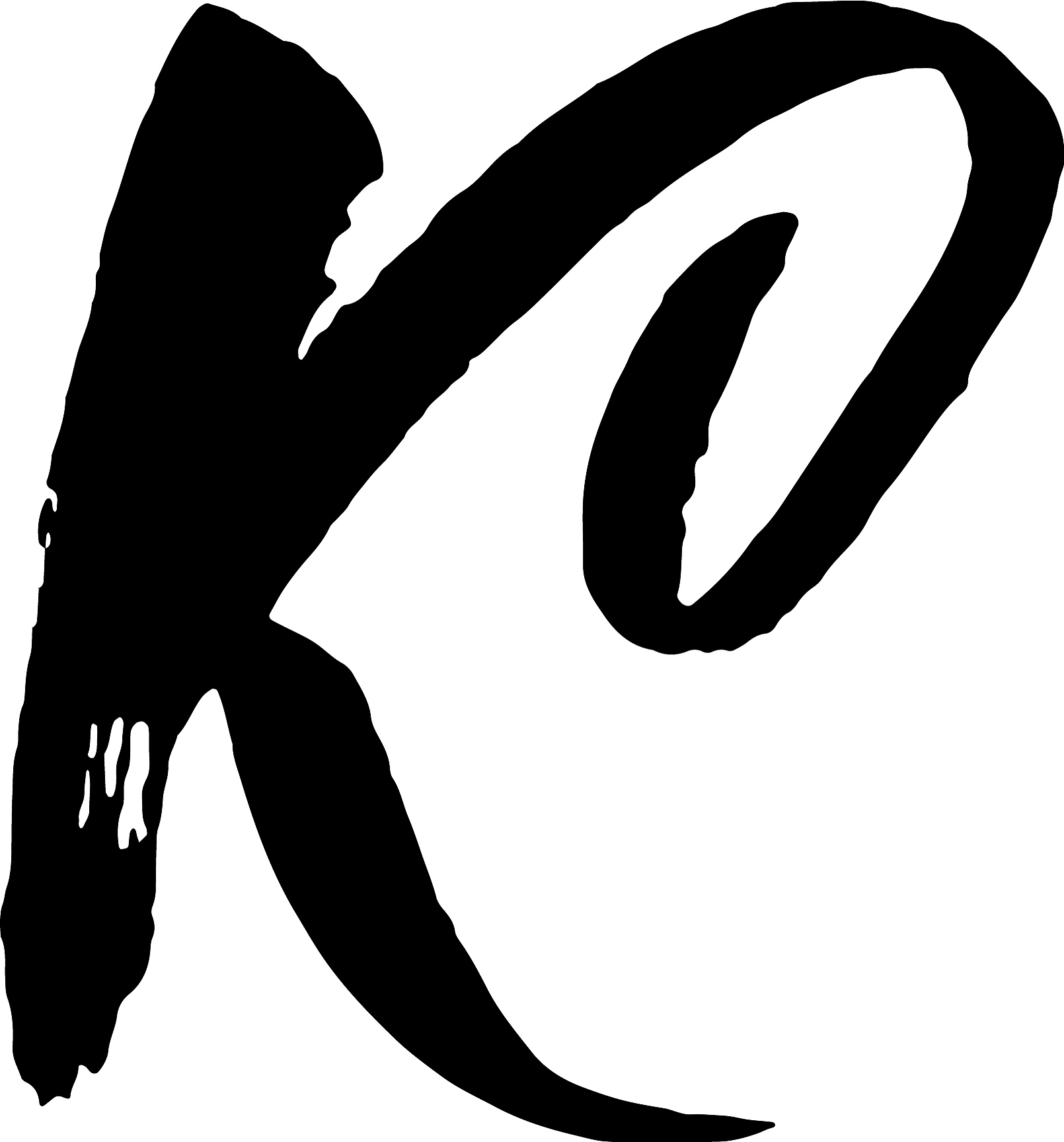 letter k handwritten by dry brush rough strokes