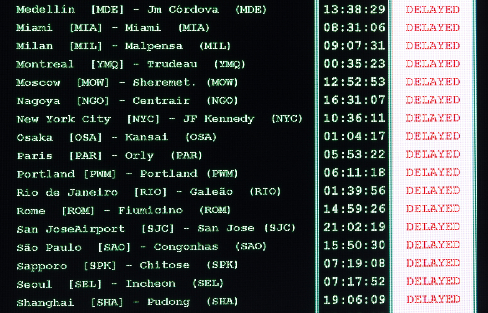 table of the airport timetable with all the canceled flights