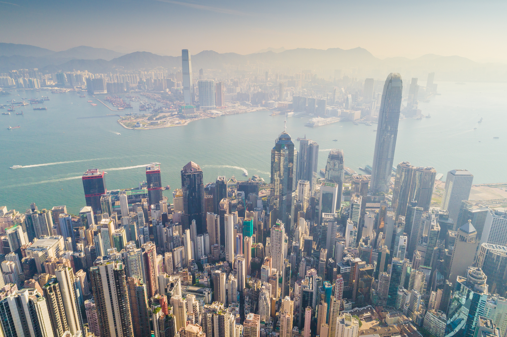 aerial view panoramic of the hong kong city skyline and victoria