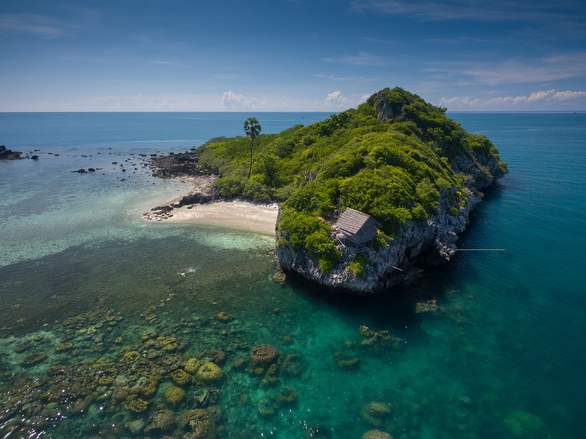 photo from drone fly over the sea, islands with shallow water co