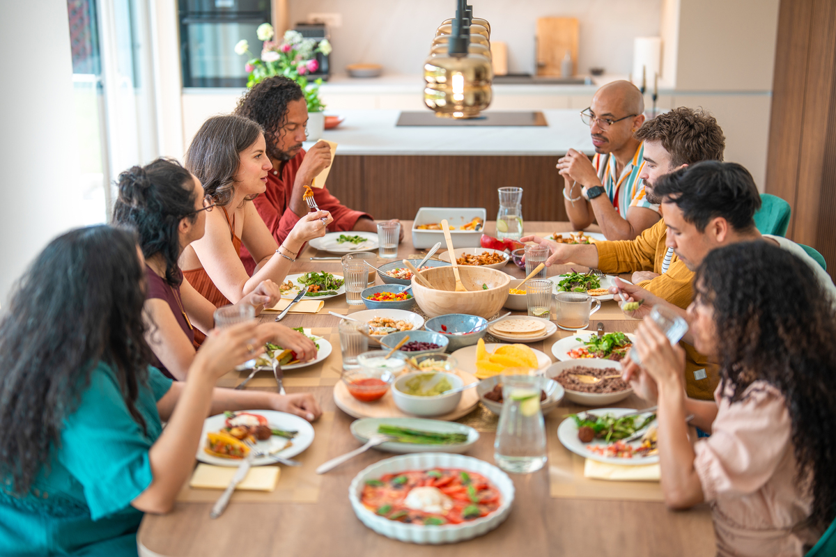 correct the grammar mistake of the sentence we normally meet at a restaurant and having dinner together Having casual conversation and talk about the latest gossip tease about things in life and work