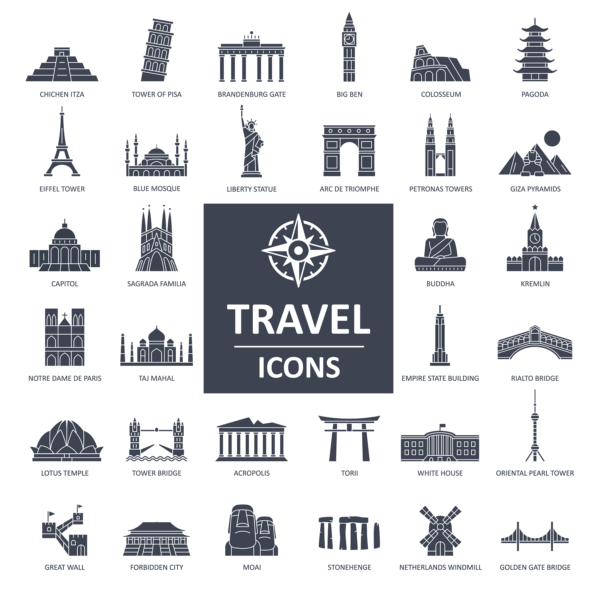 travel landmark icons - thin line vector
