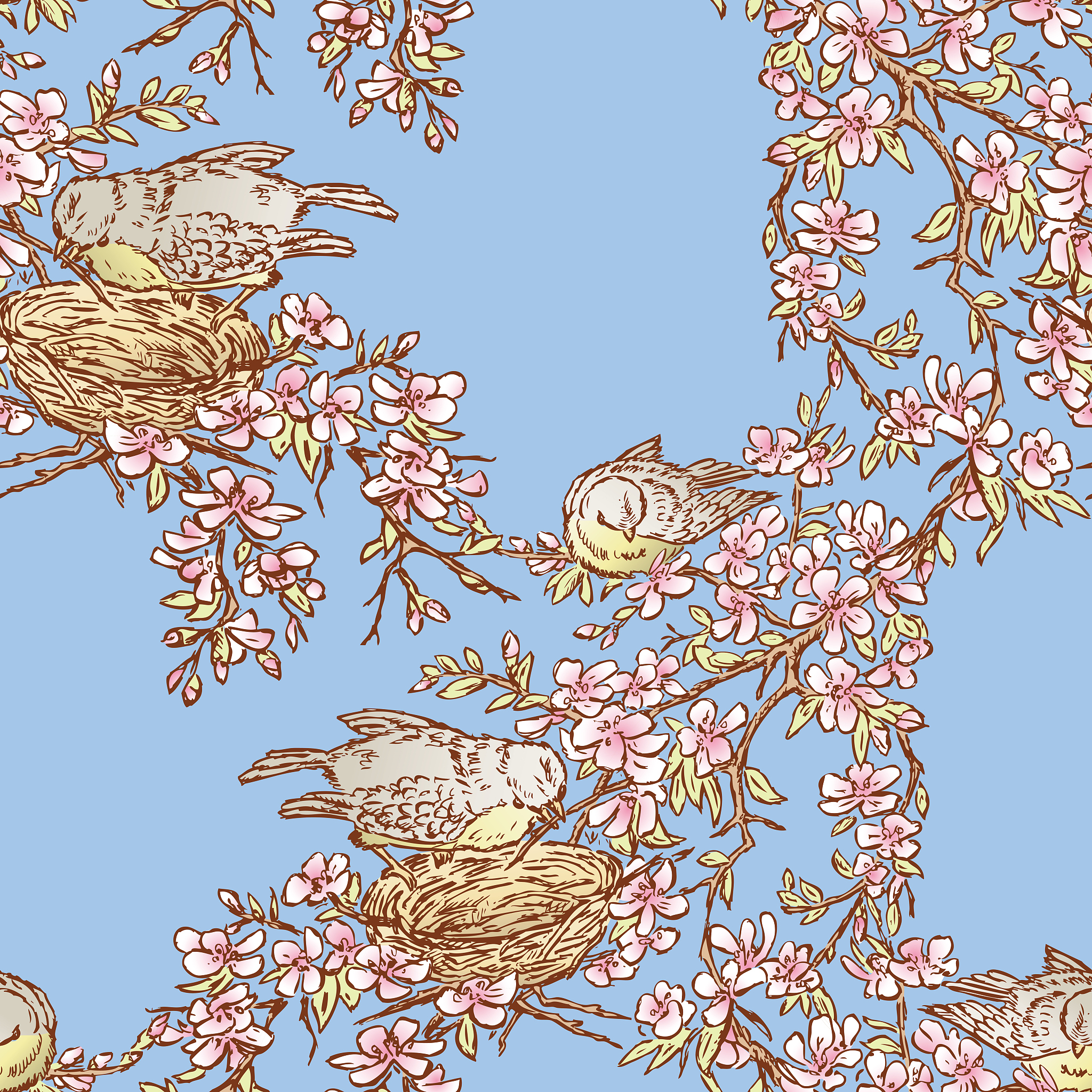 seamless background of birds nesting on blooming cherry tree