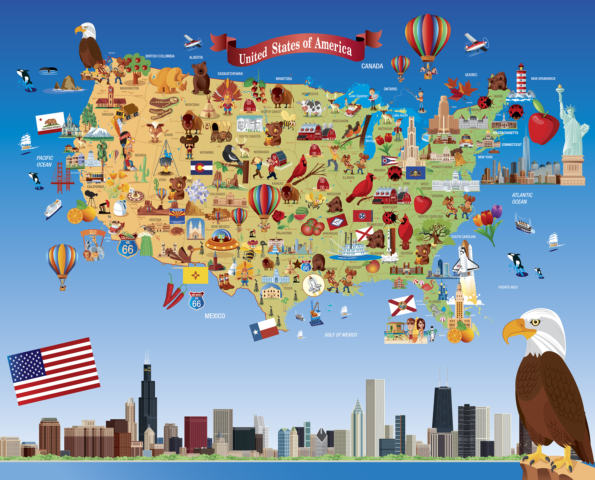cartoon map of usa